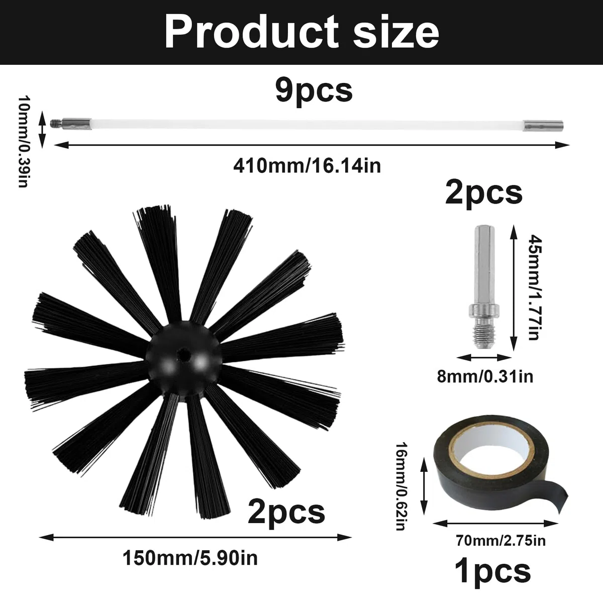 Cepillo Deshollinador de Chimenea con 9 Varillas, 2 Cabezales, Diámetro 150 mm, 1 Cinta Adhesiva - Kit de Limpieza para Chimeneas