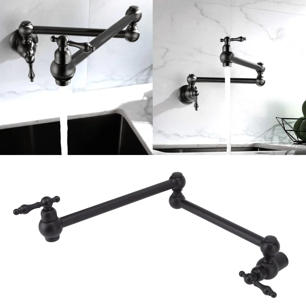 Grifo de Llenado de Ollas, Grifo de Cocina Montado en la Pared de Cobre Estirable G1/2, Grifo Plegable de Llenado de Ollas de Dos Manijas de Un Solos Orificio(Negro mate)