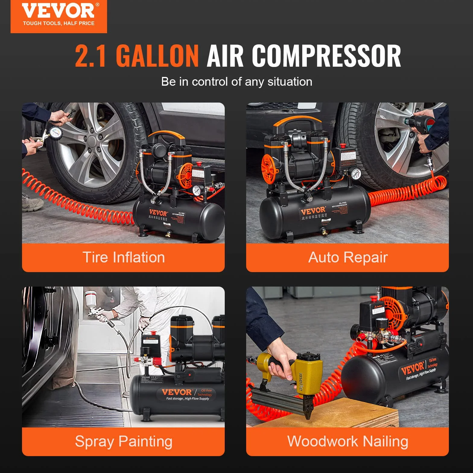 VEVOR Compresor de Aire Silencioso de 8L 900W 1,2CV Presión Máxima de 3,5 Mpa Motor sin Aceite 70 dB para Reparación de Automóviles Inflado de Neumáticos Pintura a Pistola
