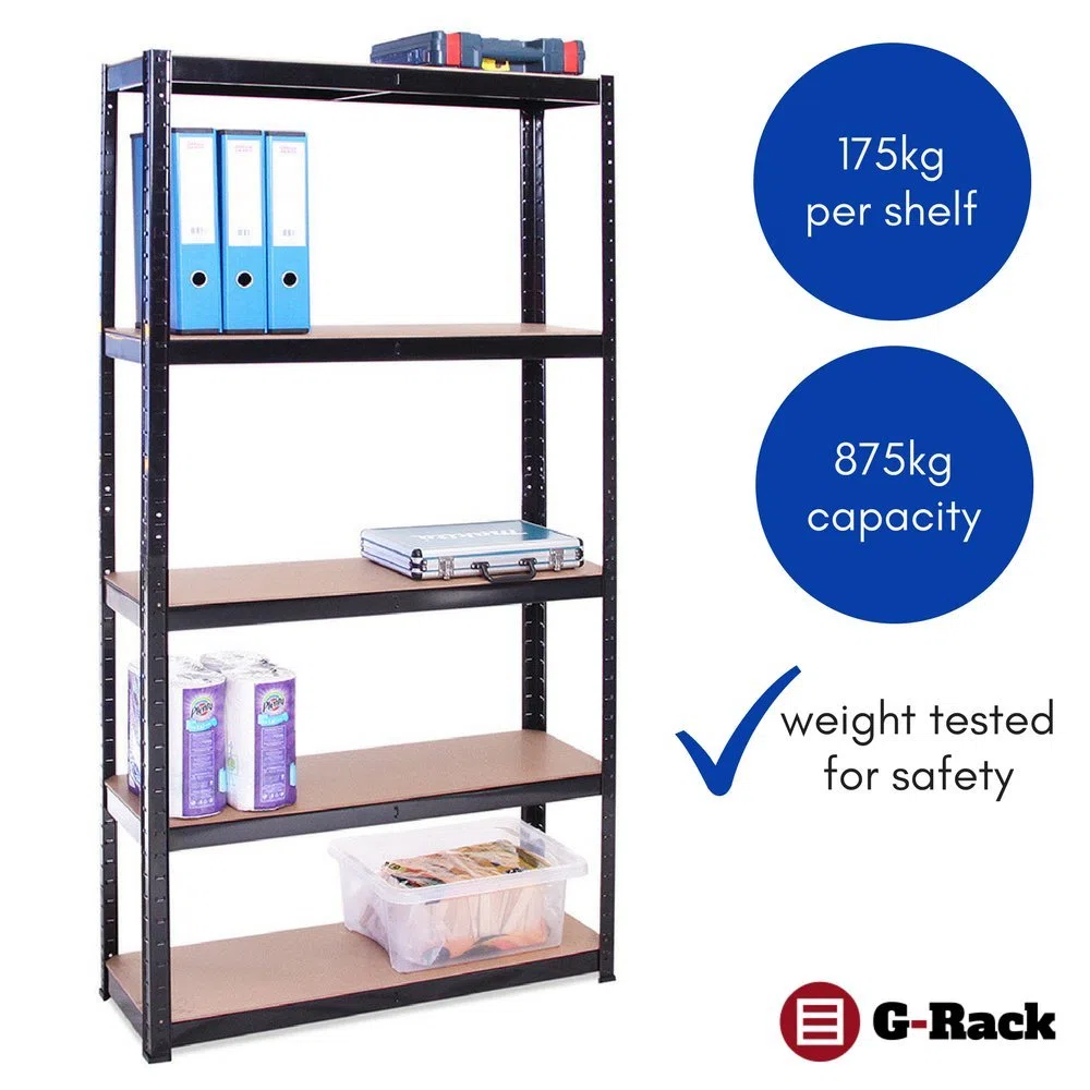 Estante de Almacenamiento para Garaje: 180 cm x 90 cm x 30 cm | Dos unidades, Negro - 5 Estantes | 175 kg de carga cada balda (Capacidad para 875 kg) | Estantería para Garaje - 5 Años de Garantía