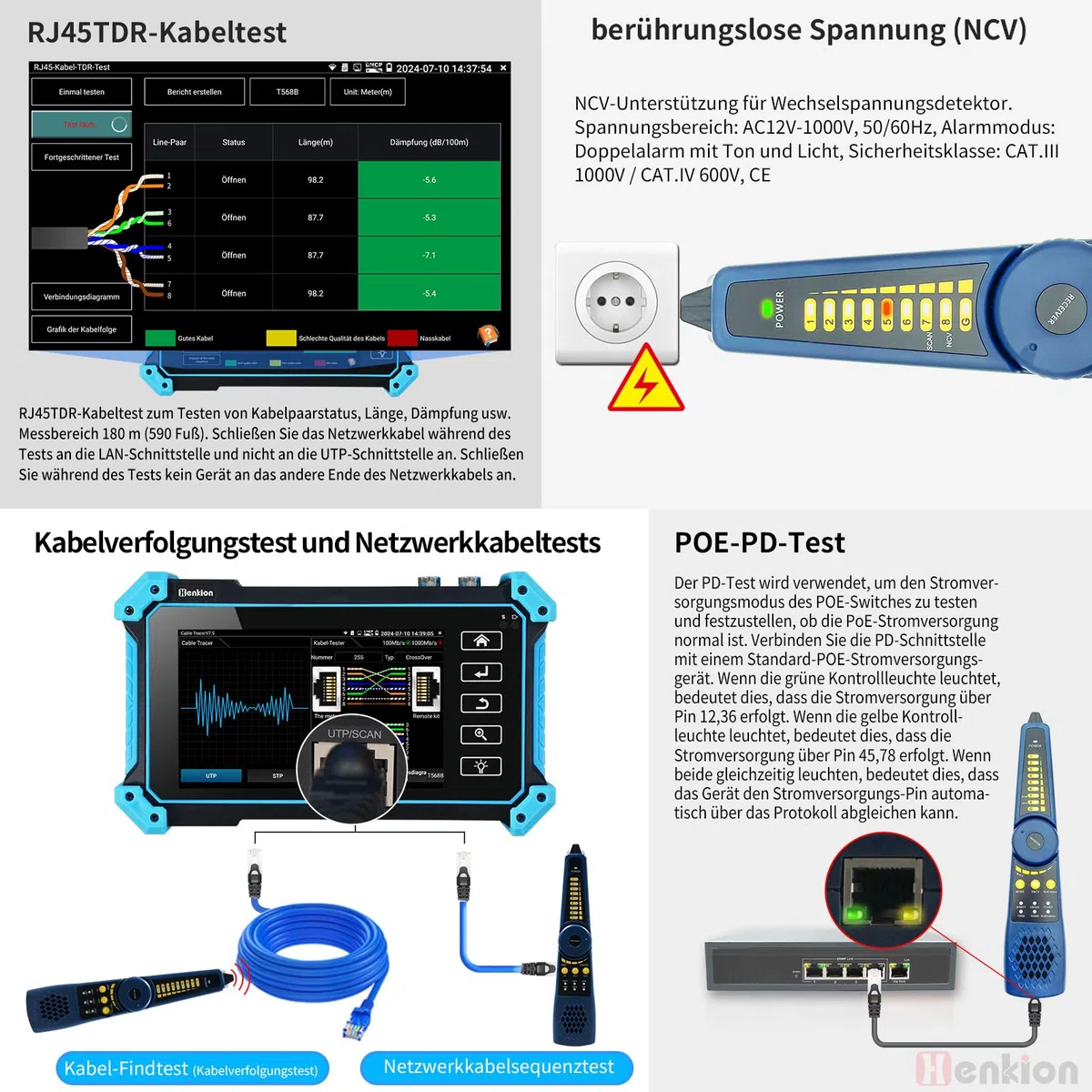Henkion Probador CCTV IPC-5200C Plus Tester, Monitor con Pantalla Táctil IPS 5.4", 8MP AHD CVI TVI CVBS IP, Monitor de Video 4K H.265, Soporte PoE PTZ WiFi RS485, Rastreador de Cable, Entrada HDMI VGA