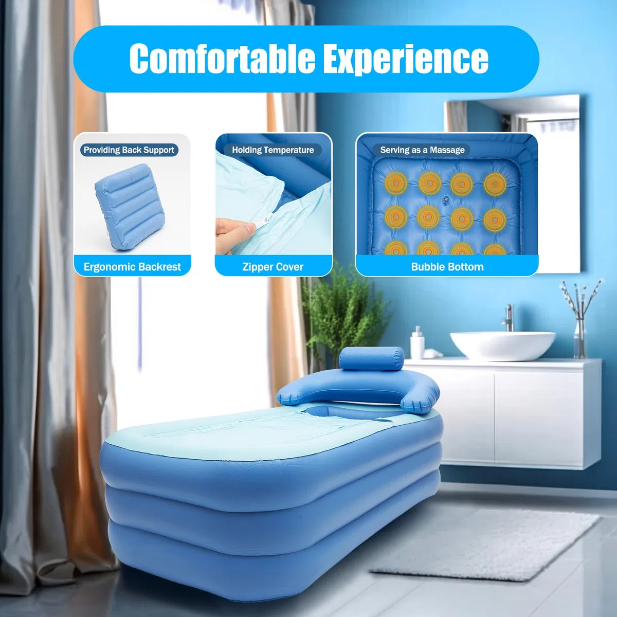 Bañera plegable TanjcXliu azul rectangular moderna para ducha con hidromasaje inflable para adultos