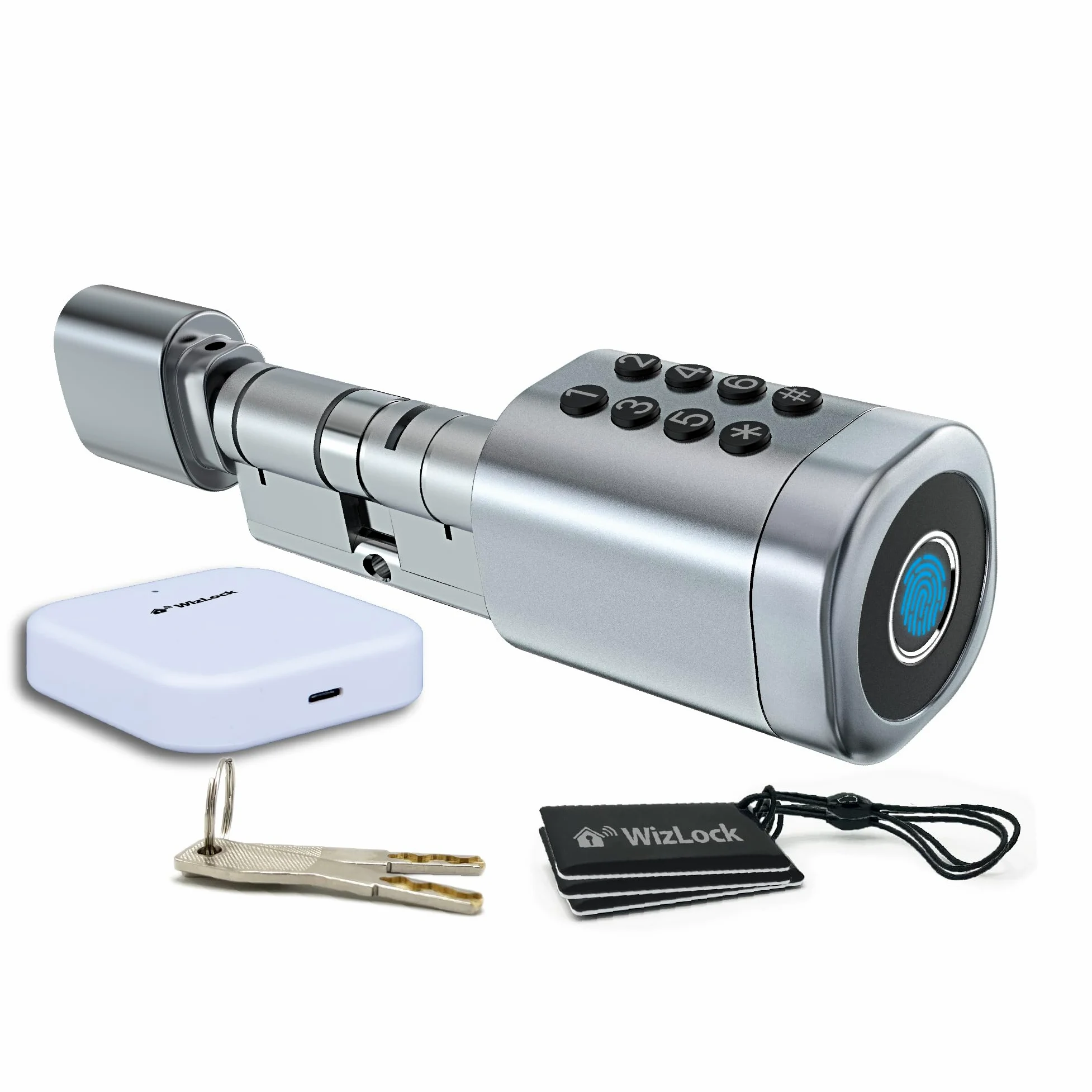 Cilindro cerradura smart Bluetooth Tuya – Aleación aluminio plata efecto inox – Internet mediante pasarela Bluetooth/Wi-Fi incluida – Acceso: Código, Tarjeta (4), Huella, App, Llave (2) – IP55
