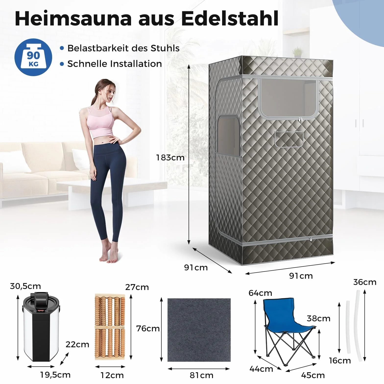 RELAX4LIFE Sauna Portátil 3L con Mando a Distancia y Silla Plegable, Sauna de Vapor con 9 Niveles de Temperatura, Temporizador 15-90 Min y Función de Nebulización, Mini Sauna 1000W (Gris)