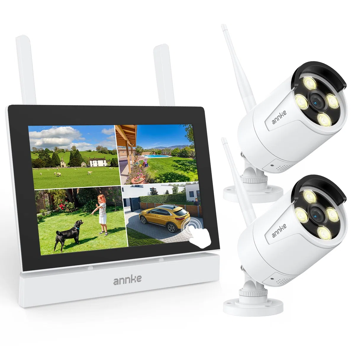 ANNKE Kit Cámaras de Vigilancia WiFi con 7" Monitor, 4CH NVR, 2X 2K Cámaras IP de Seguridad Exterior, Visión Nocturna en Color, Audio Bidireccional, Detección de Persona, Grabación 24/7, 64 GB