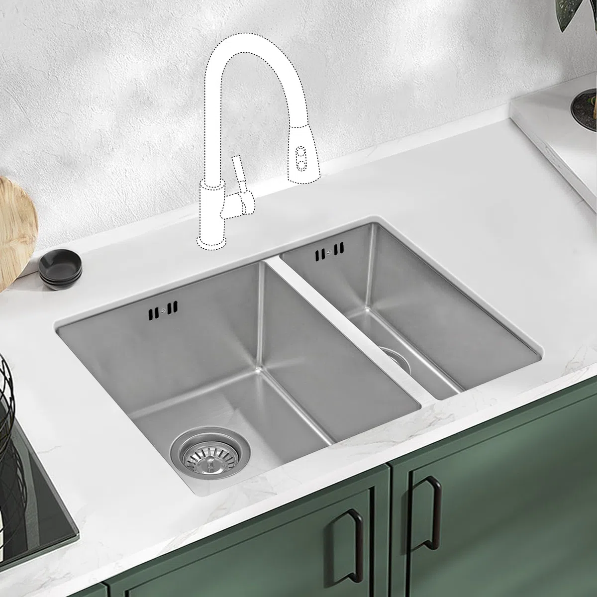 JASSFERRY Fregadero de cocina 1,5 senos, de Acero Inoxidable, bajo encimera, con colador de residuos