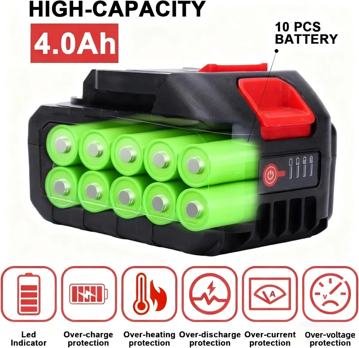Batería de litio de 21V - Batería de repuesto de 4.0 Ah con indicador LED Compatible con soplador de hojas y mini motosierra inalámbrica de 4 pulgadas/6 pulgadas