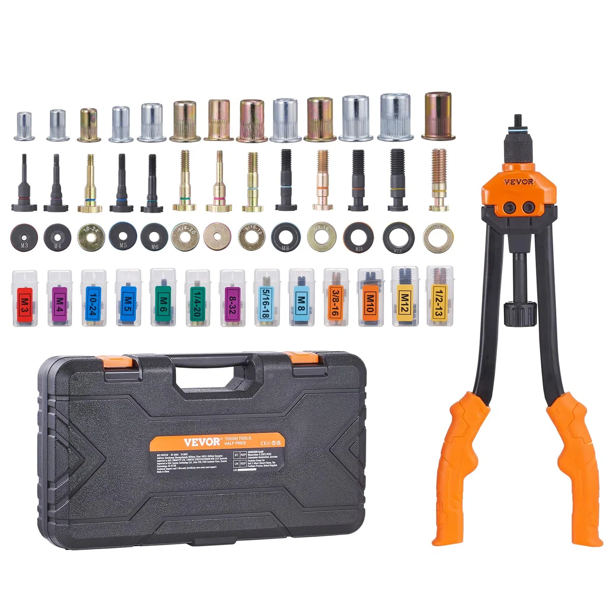 VEVOR Remachadora Manual de Tuercas Alicates de Inserción Roscada de 41cm con 13 Mandriles 186 Tuercas Herramienta de Remachado Botón Desviador Estuche de Transporte Portátil para Bricolaje Automotriz