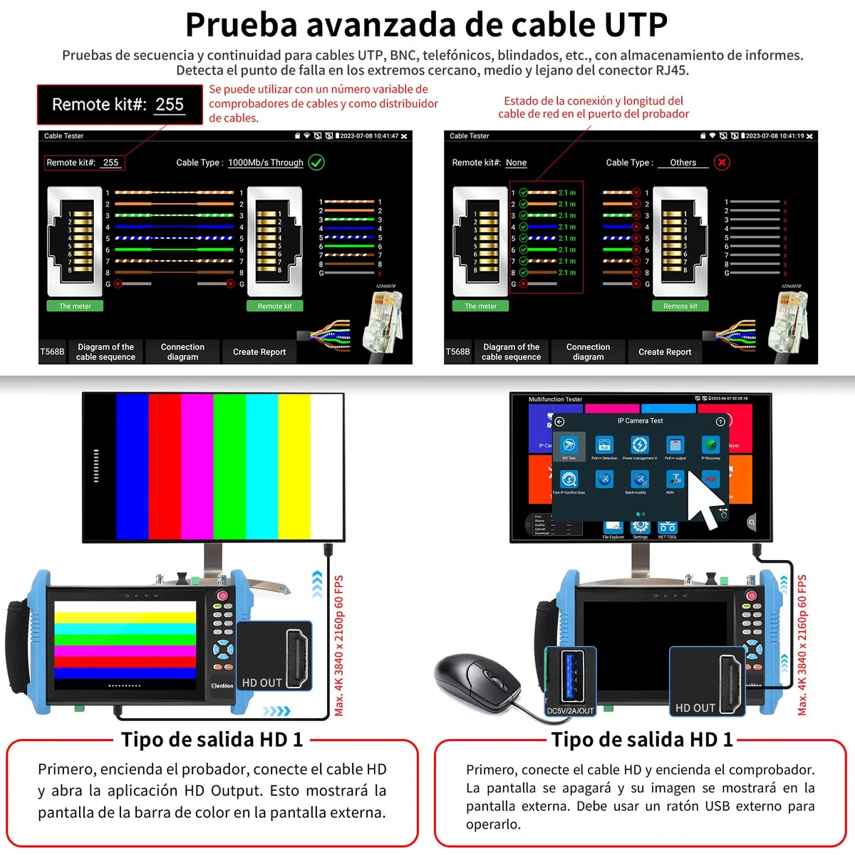 Henkion Probador de Cámara CCTV Monitor, Tester IP 8K 32MP 4K 12MP con PoE++ 90W, Pantalla Táctil IPS 7" Probador de Cables Herramientas de Red con Interfaz SFP IPC-9800CPro y Rastreador de Cables