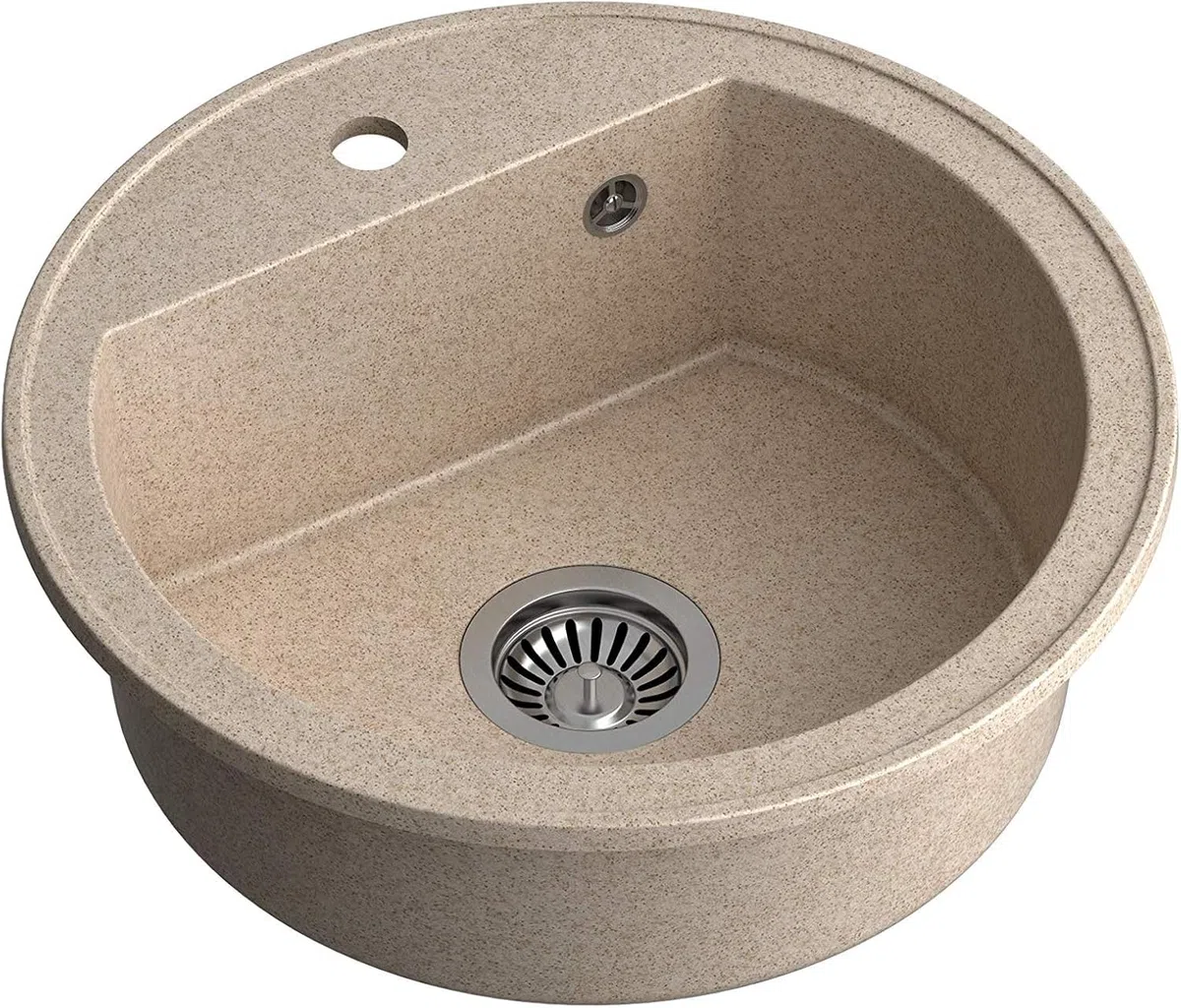 QUADRON fregadero de cocina redondo | tamaño 51 x 51 x 18 cm, diámetro 43, beige y acero | fregadero de granito JOHNNY 210 | fregadero empotrado con orificio para grifo | fregadero de un seno