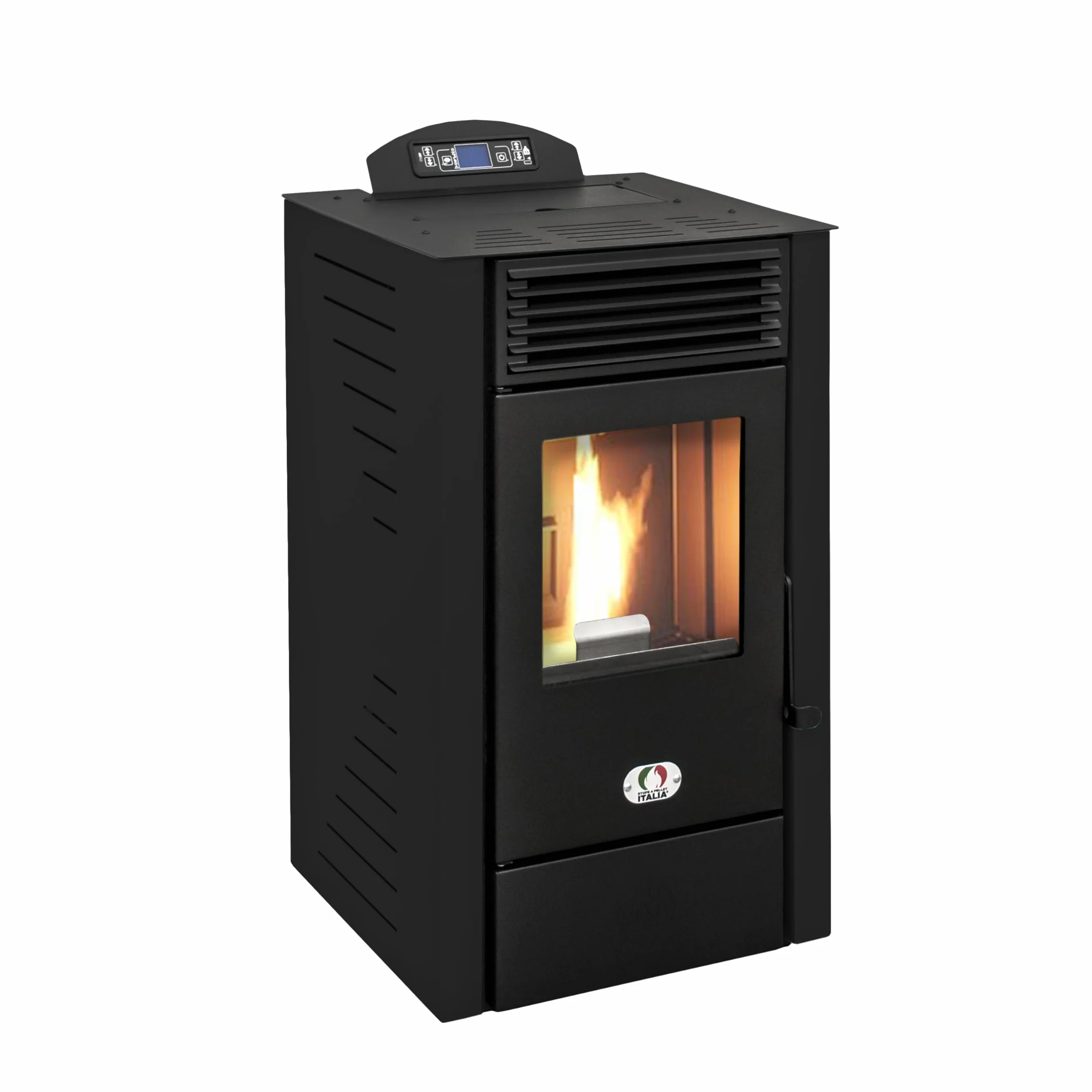 Stufe a Pellet Italia Srl - Estufa de pellets California, 8 Kw, estufa de pellet, ventilada, calienta hasta 60 m², 5 niveles de potencia, 5 velocidades de ventilación, programable, color negro