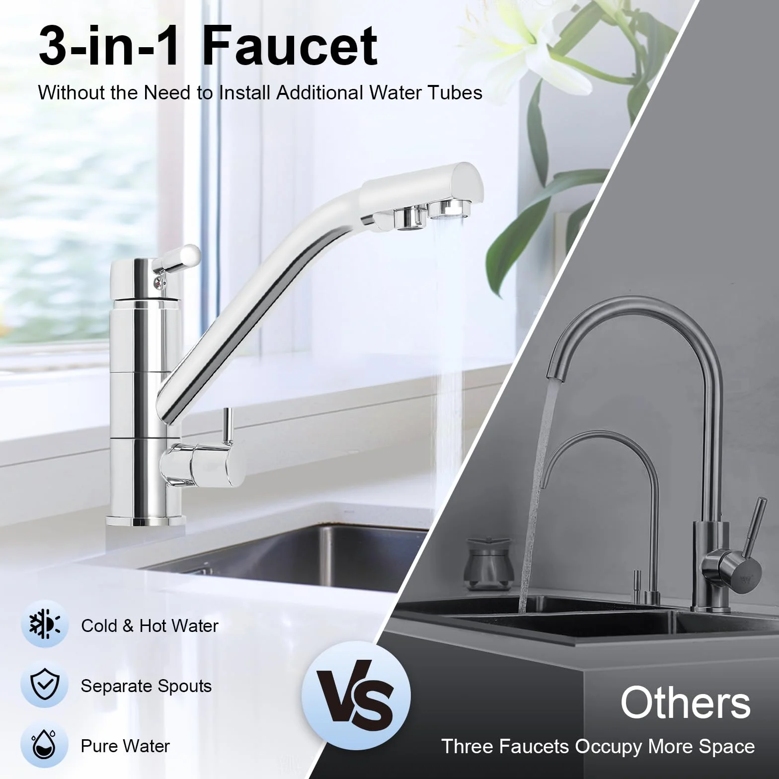 Grifo de 3 vías de latón y acero inoxidable para sistema de ósmosis y fregadero, color gris plateado