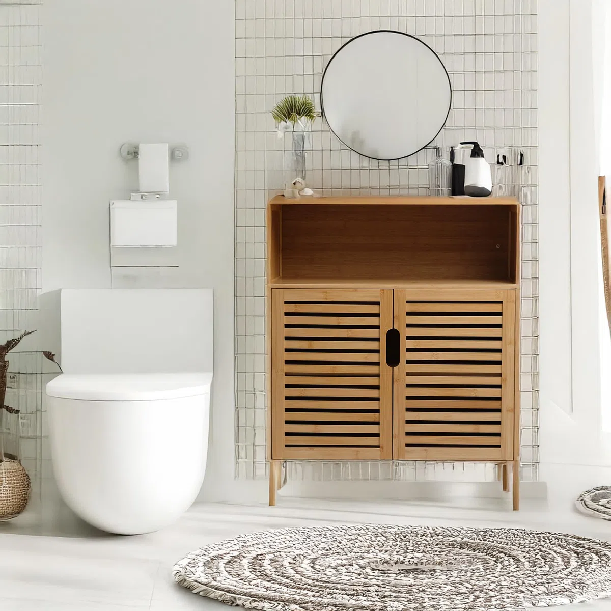 Armario de baño de bambú con 3 estantes, 81 x 65 x 31 cm, color natural