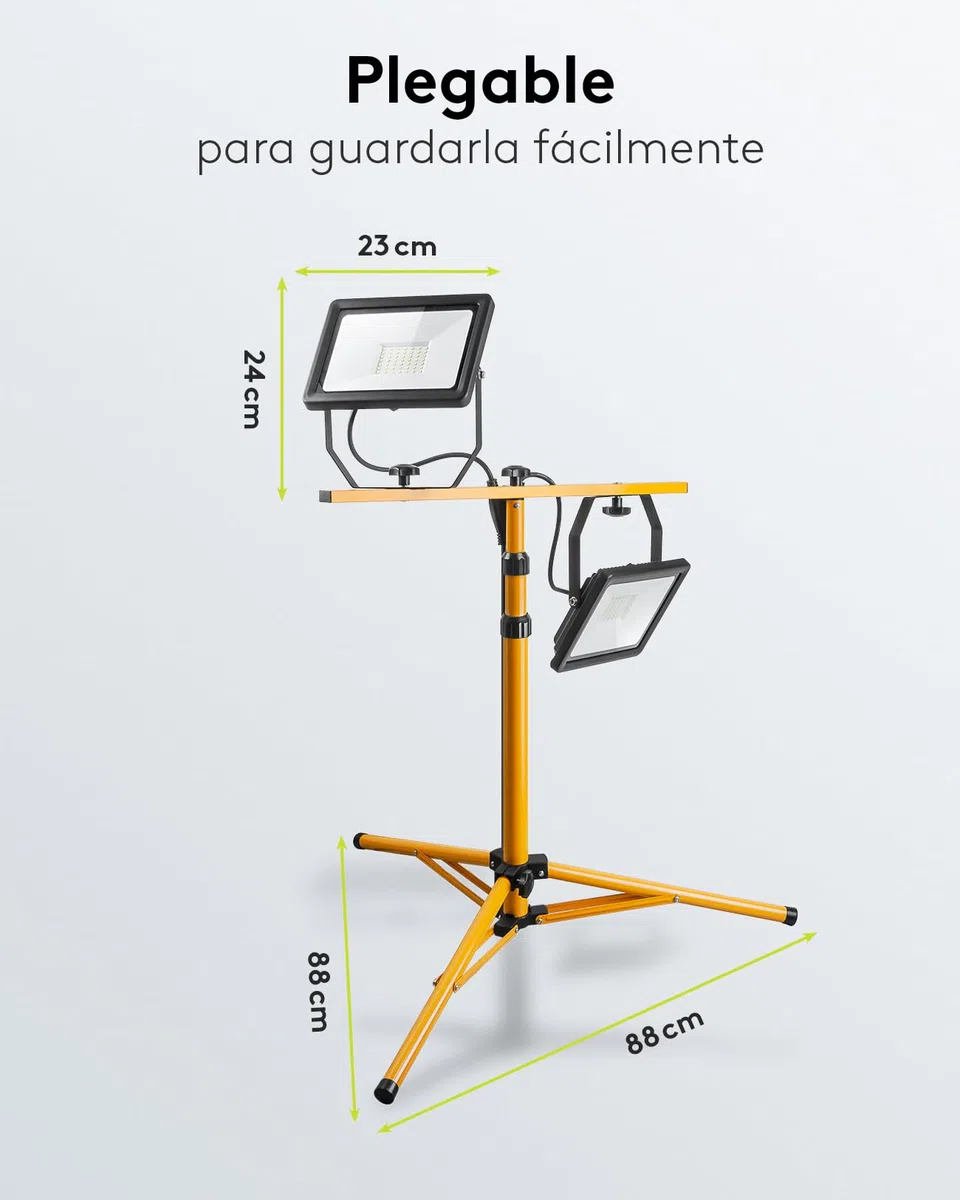 goobay Foco LED para Obras 49984-Foco construcción telescópico (Doble Cabezal, para Uso en Interiores y Exteriores, trípode de Metal, luz Blanca fría), Negro, Amarillo, 2x 50 Vatios