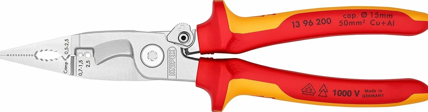 KNIPEX Alicate para instalaciones eléctricas con cartulinas autoservicio cromado aislados con fundas multicomponentes, según norma VDE, 13 96 200 SB