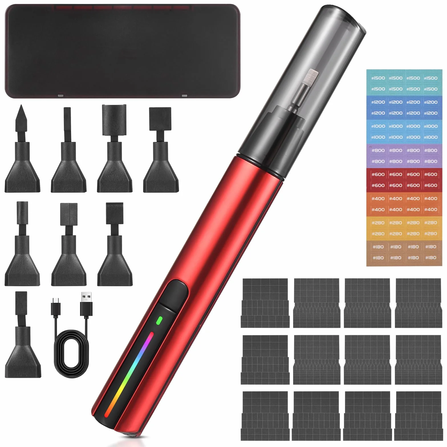 Lijadora de Pluma Inalámbrica, Lijadora Recíproca Velocidad Variable Pluma de Lijado Eléctrica de Carga Rápida USB Mini Ajustable de 3 Velocidades con 8 Cabezal de Lijado y Papel de Lija Autoadhesiv