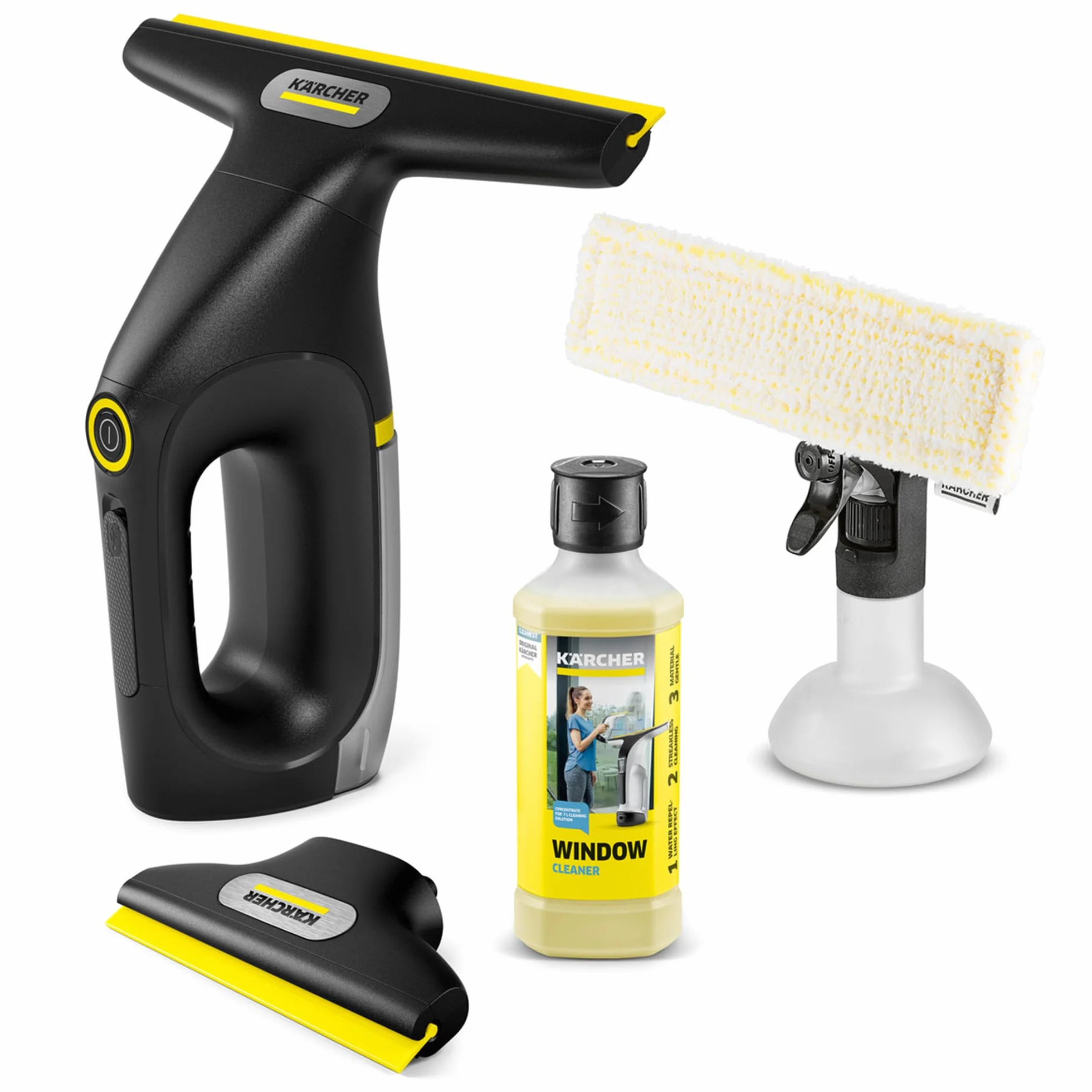 KÄRCHER limpiadora de cristales con batería WV 2 Universal Precision+ Black, autonomía: 35 min, depósito: 120 ml, 2 boquillas, botella pulverizadora con paño de microfibra, 20 ml de limpiacristales