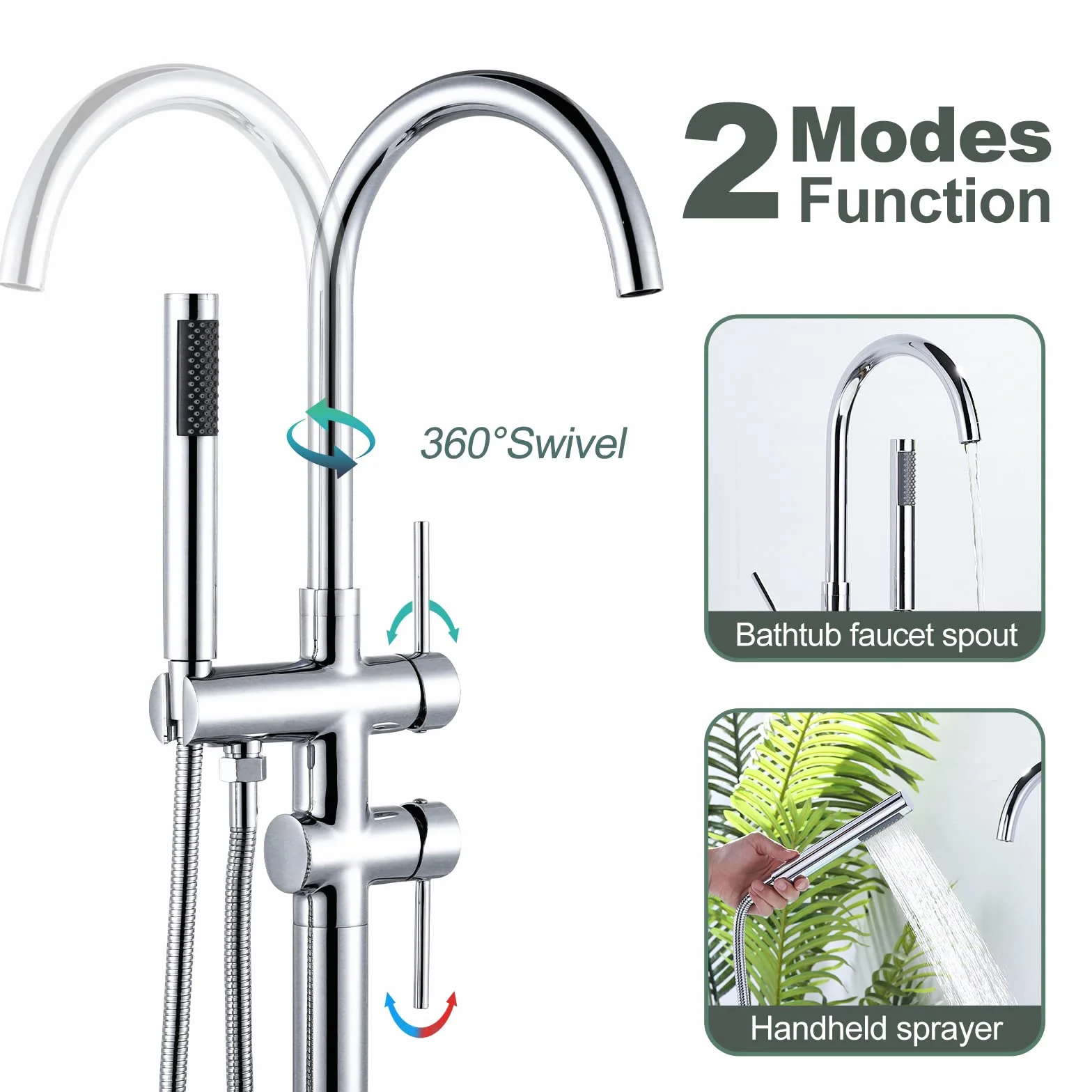 ARCORA Grifo Bañera Suelo con Ducha Giratorio 360° Cobre Acero Inoxidable Cartucho Cerámico Cromo