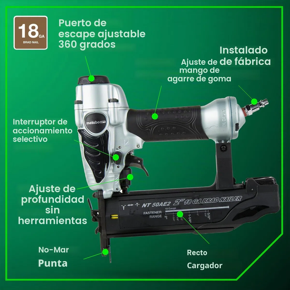 Metabo HPT Clavadora Brad NT50AE2 - Clavadora neumática ligera para trabajos de corte de precisión y construcción de muebles, profundidad ajustable, calibre 18, clavos de 5/8 pulgadas hasta 2 pulgadas