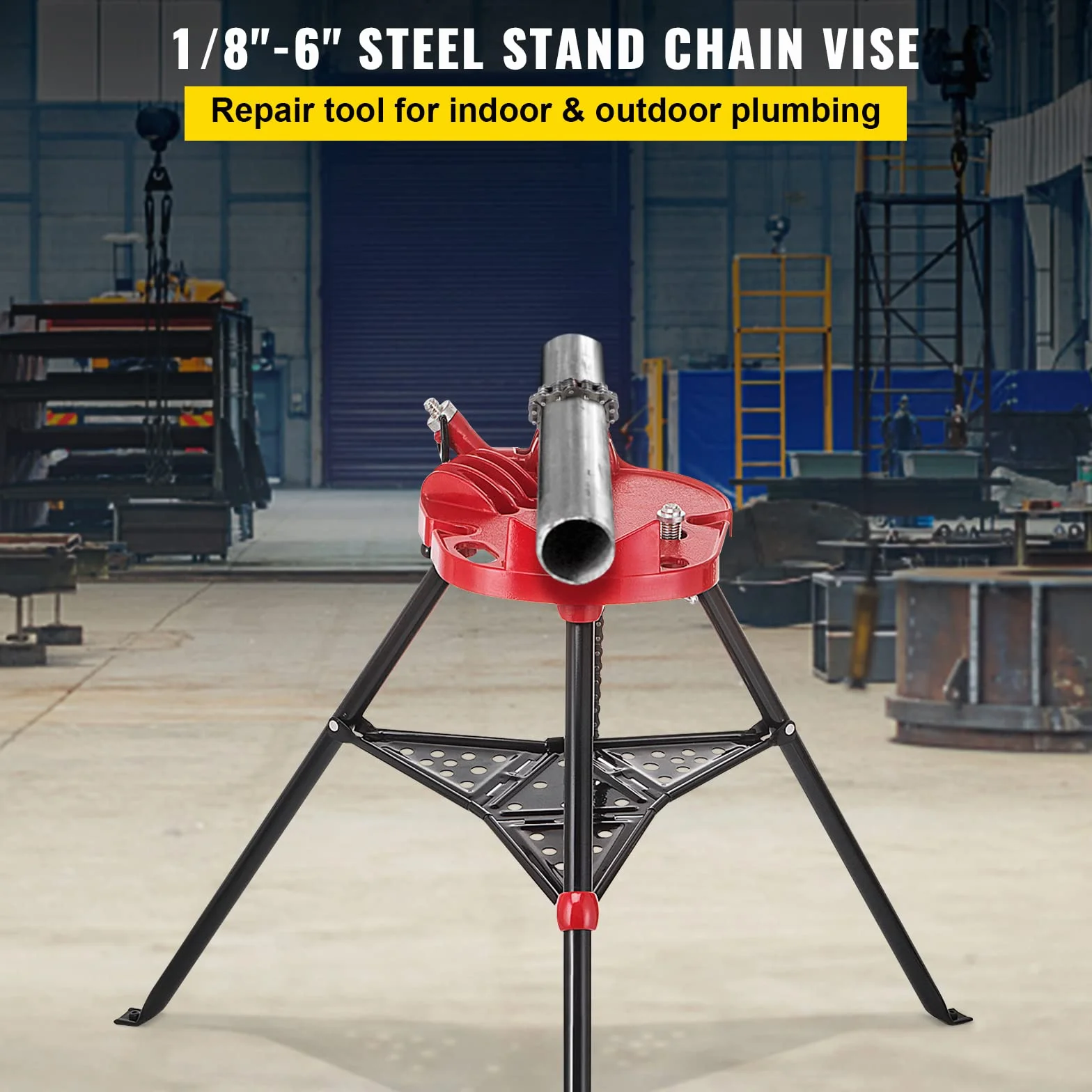 VEVOR Soporte para tuberías con trípode para Tubos 3,2 a 152 mm Patas de Acero Plegables Soportes para Tubos con Bandeja Tornillo de Banco con Cadena para una Variedad de Materiales de tuberías