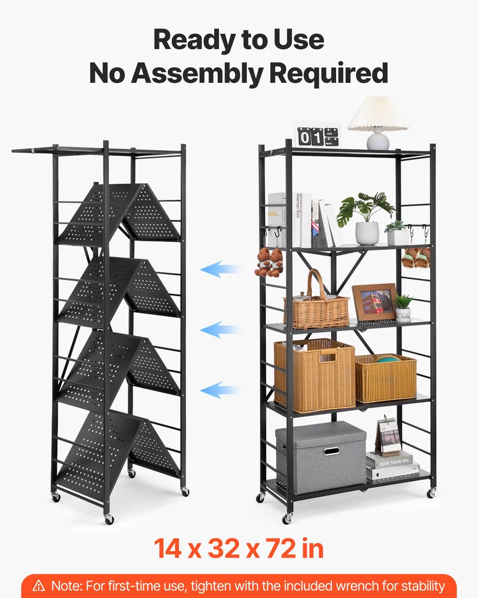 VEVOR Estante de Almacenamiento Plegable de 5 Niveles con Ruedas 81 x 36 x 183 cm Estantería Metálica Móvil Resistente, sin Necesidad de Ensamblaje, Organizador para Garaje, Cocina, Sótano, Negro