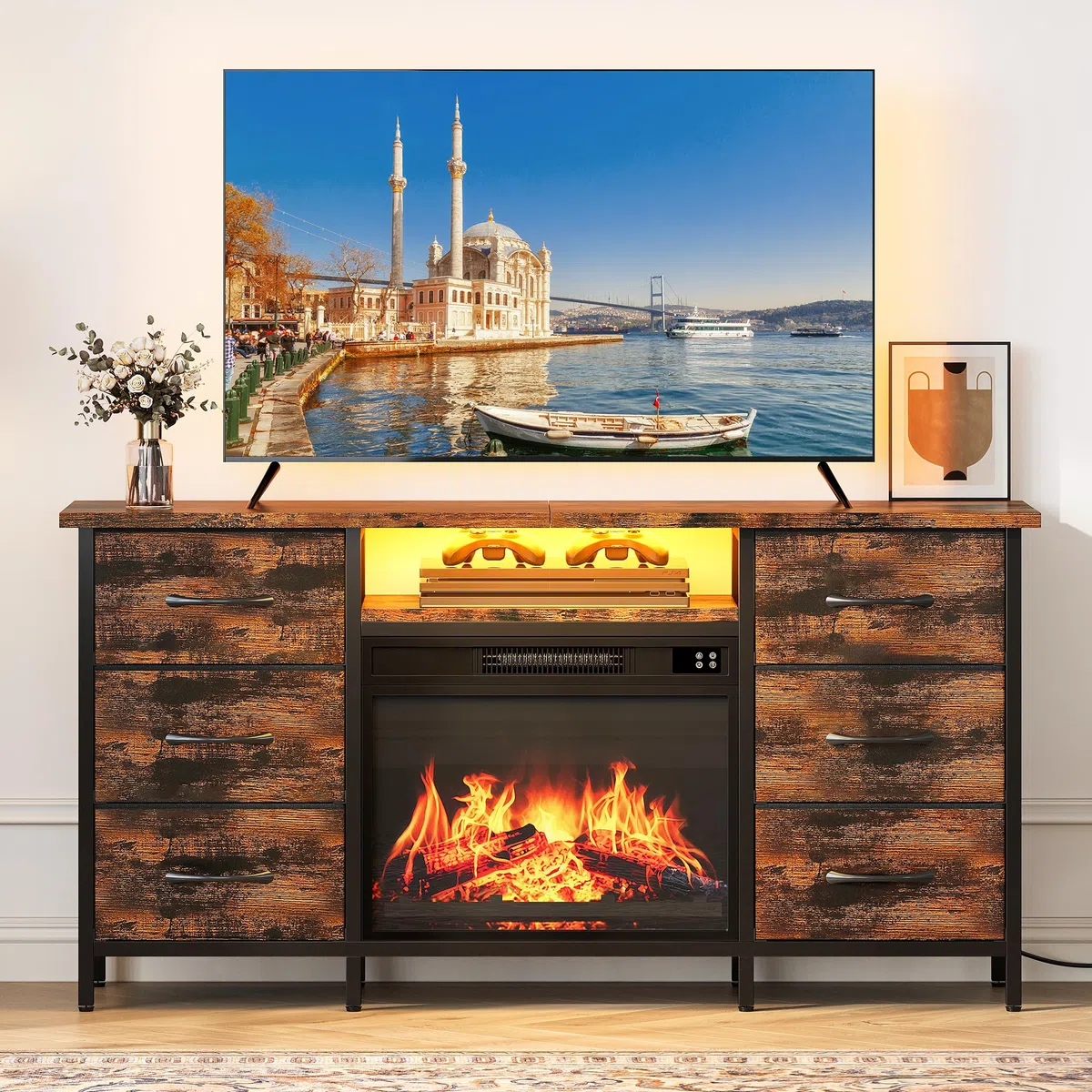 YITAHOME Mueble de TV con Chimenea Electrica, Cajones y LED para Televisiones 45-55", Marron