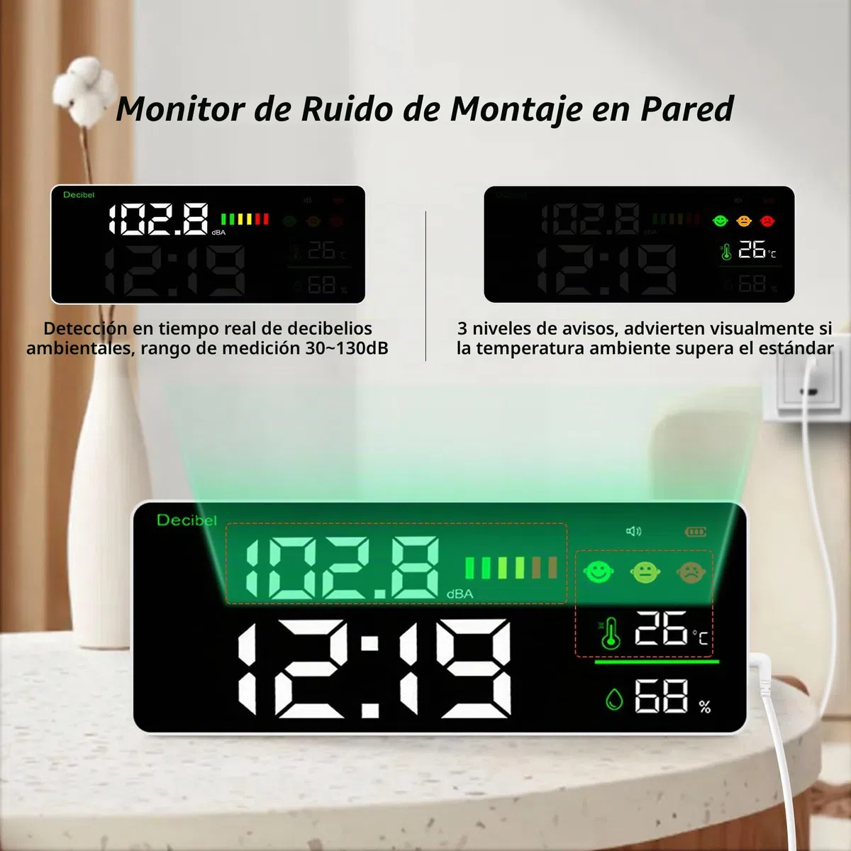 Medidor de Nivel de Sonido de Pared de 30 a 130 dB con Alarma, Medidor de Nivel de Sonido 11" LED Decibelios/Temperatura/Humedad/Tiempo, Decibelímetros Medidor de Ruido Recargable y Cable USB