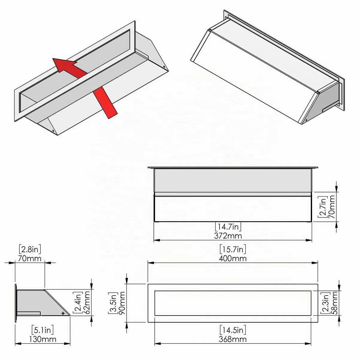 Rejilla de Ventilación Lineal 40 x 9 cm Negra RAL 9005 – Rejilla de Aire de Acero con Recubrimiento en Polvo para Chimenea Estufa y Pared, Rejilla Rectangular para Aire Caliente. | Formato lineal compacto - difusión de aire caliente - chimenea inserto est