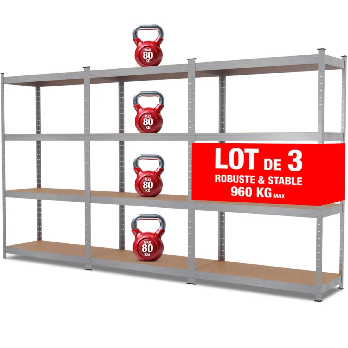 Estantería triple de carga pesada de metal, 2,10 m lineales, 12 estantes