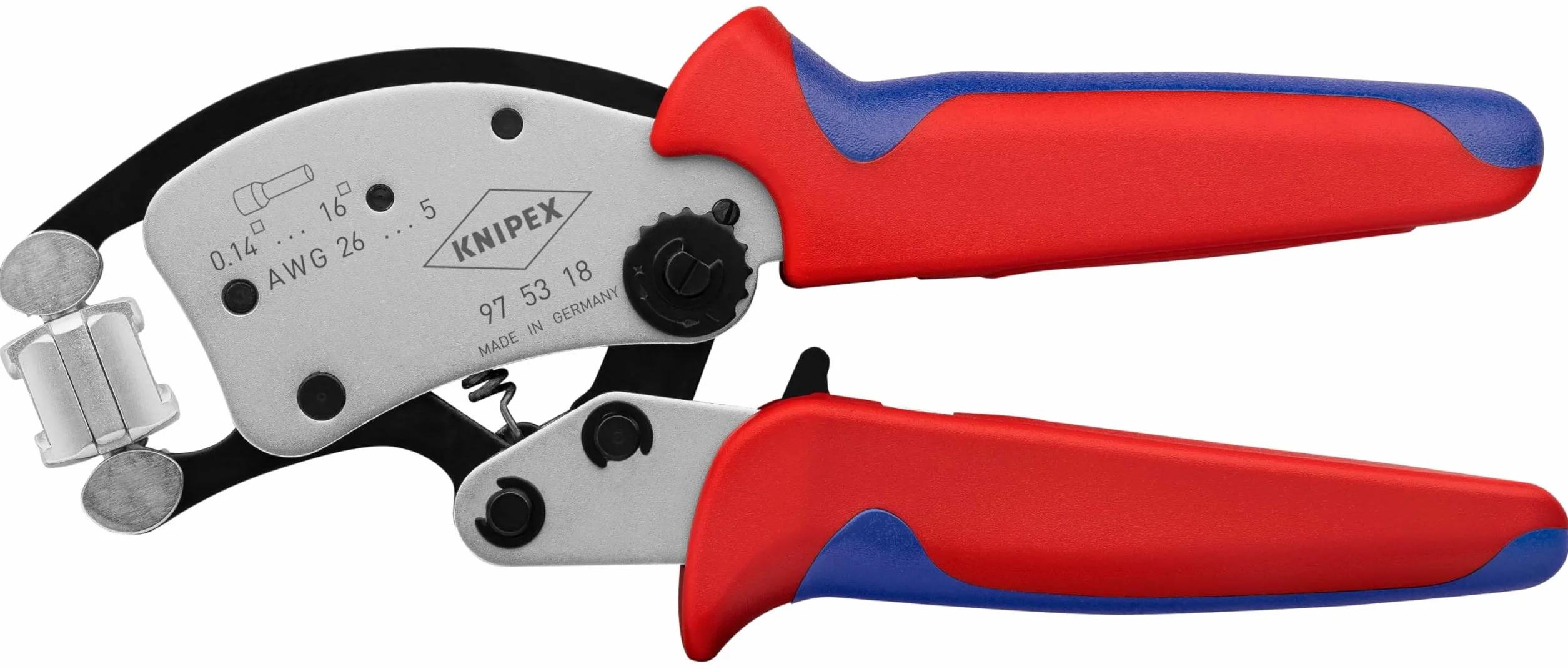 KNIPEX Twistor16 Alicate autoajustable para crimpar punteras huecas con cabezal giratorio para crimpar cromado con mangos multicomponente, 97 53 18