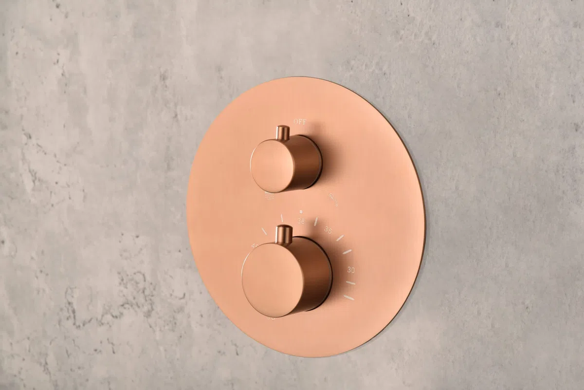 Mice - Conjunto de ducha, Kit termostatico Ducha Empotrado Techo - 2 vías - color oro rosa cepillado (cobre mate) - griferia baño - ducha empotrado techo termostatoco