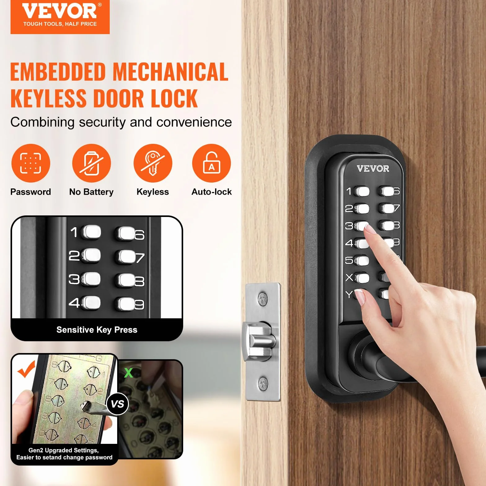 VEVOR Cerradura de Puerta Mecánica sin Llave Cerradura Codificada de Aleación de Zinc Teclado de 14 Teclas Manija de Puerta de Entrada Exterior Izquierda y Derecha para Puertas Espesor 35-65 mm