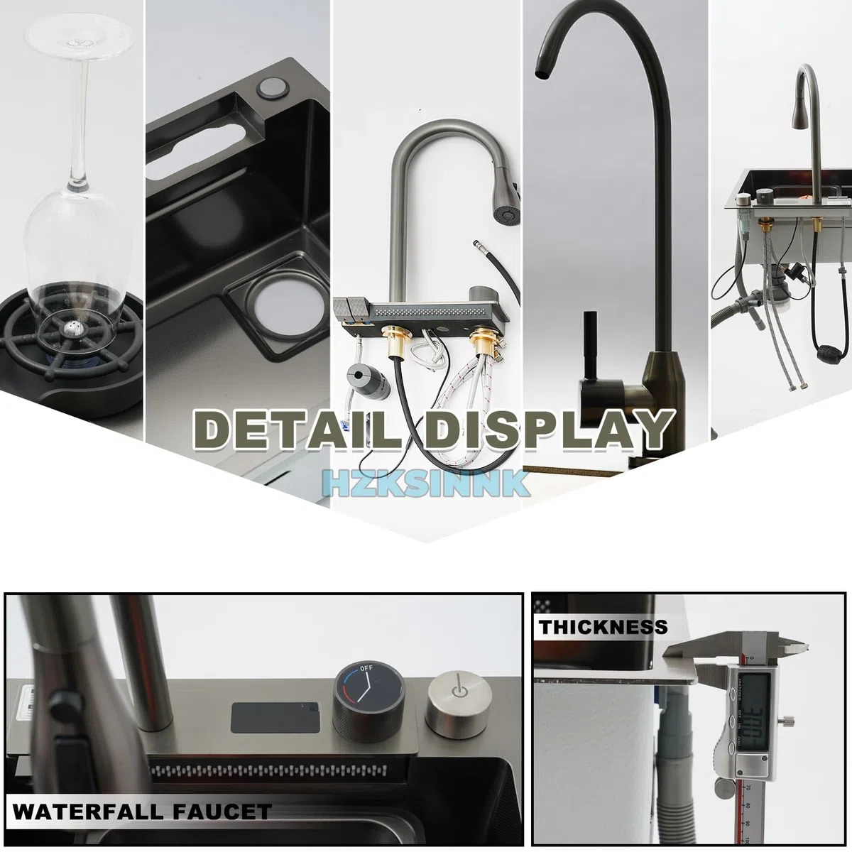 Fregadero de Cocina de 1 Cubeta 68x45 cm, Negro cascada Fregadero de Acero Inoxidable, con Grifo Cocina Extraible, cesta de drenaje, sifón, rebosadero y desagüe así como otros accesorios