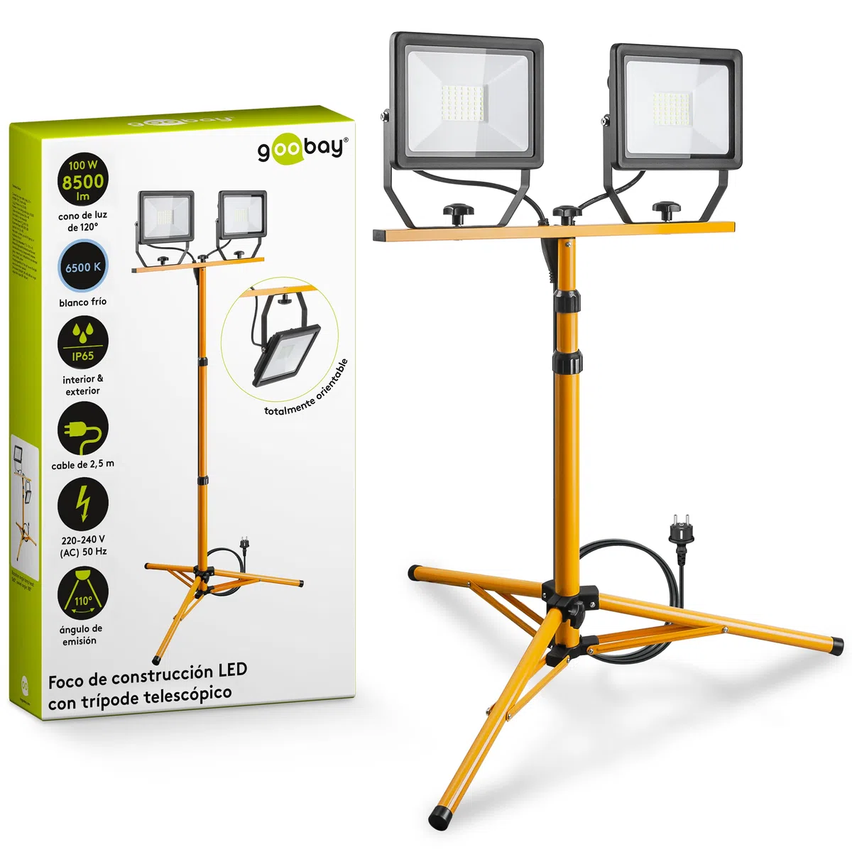 goobay Foco LED para Obras 49984-Foco construcción telescópico (Doble Cabezal, para Uso en Interiores y Exteriores, trípode de Metal, luz Blanca fría), Negro, Amarillo, 2x 50 Vatios