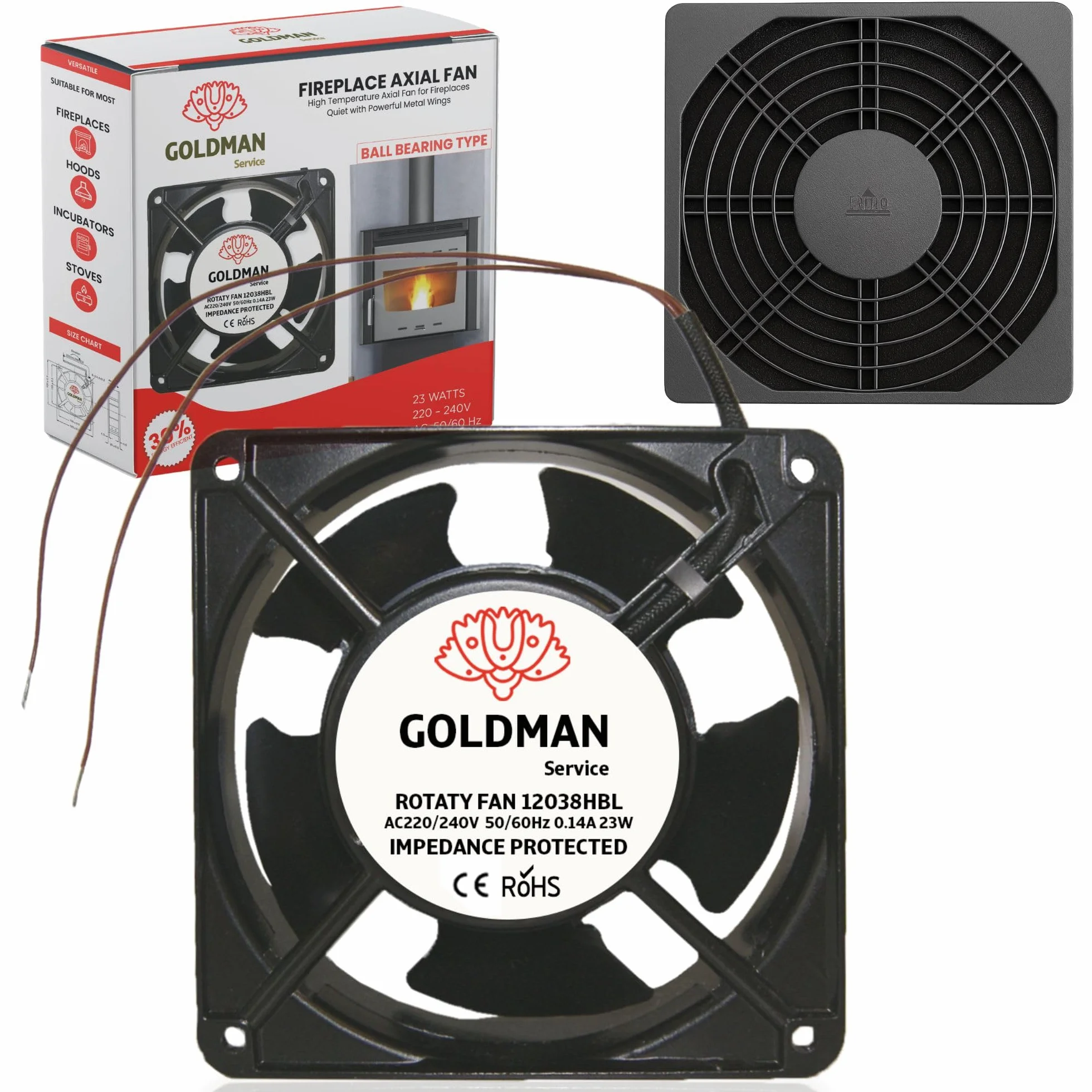GOLDMAN SERVICE | Ventilador Axial de Alta Temperatura con Rejilla y Filtro para Casette de Chimeneas Insertables | Silencioso con Potentes Aspas Metálicas | Medidas: 120x120x38 mm (23W)