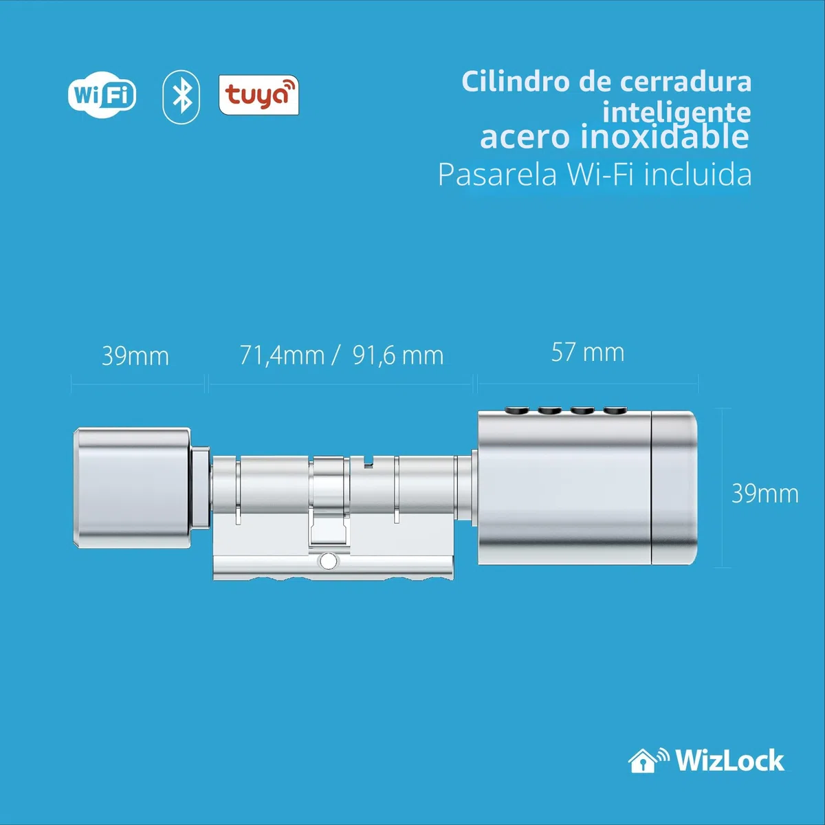 Cilindro cerradura smart Bluetooth Tuya – Aleación aluminio plata efecto inox – Internet mediante pasarela Bluetooth/Wi-Fi incluida – Acceso: Código, Tarjeta (4), Huella, App, Llave (2) – IP55