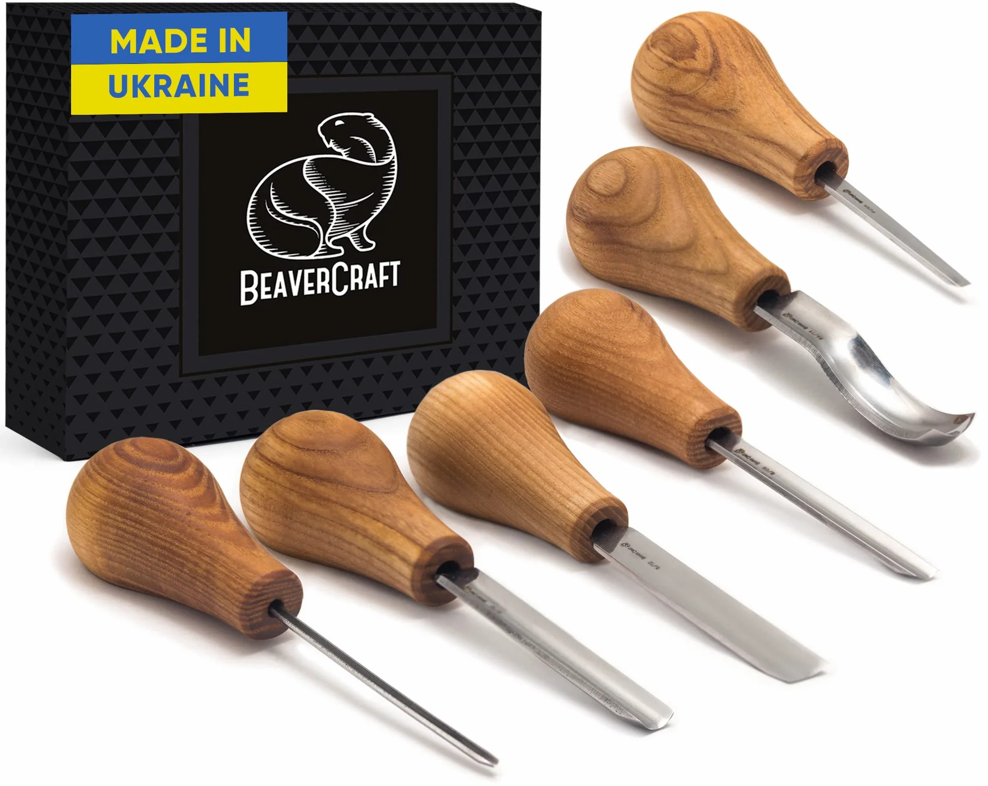 BeaverCraft SC05 Juego de gubias para tallar madera – Set de formones y gubias con mango de palma, cincel recto plano, curvo corto y en V – Herramientas de tallado para principiantes y profesionales
