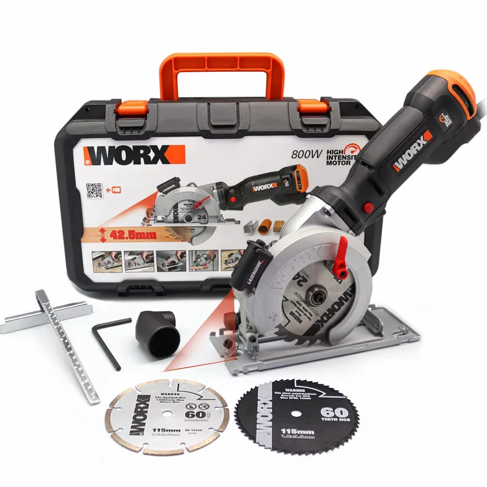 WORX Sierra circular WORXSaw XL 46mm, 800W | WX437 | Guía láser, sistema de aspiración integrado, rápido ajuste de profundidad, cambio de disco sencillo