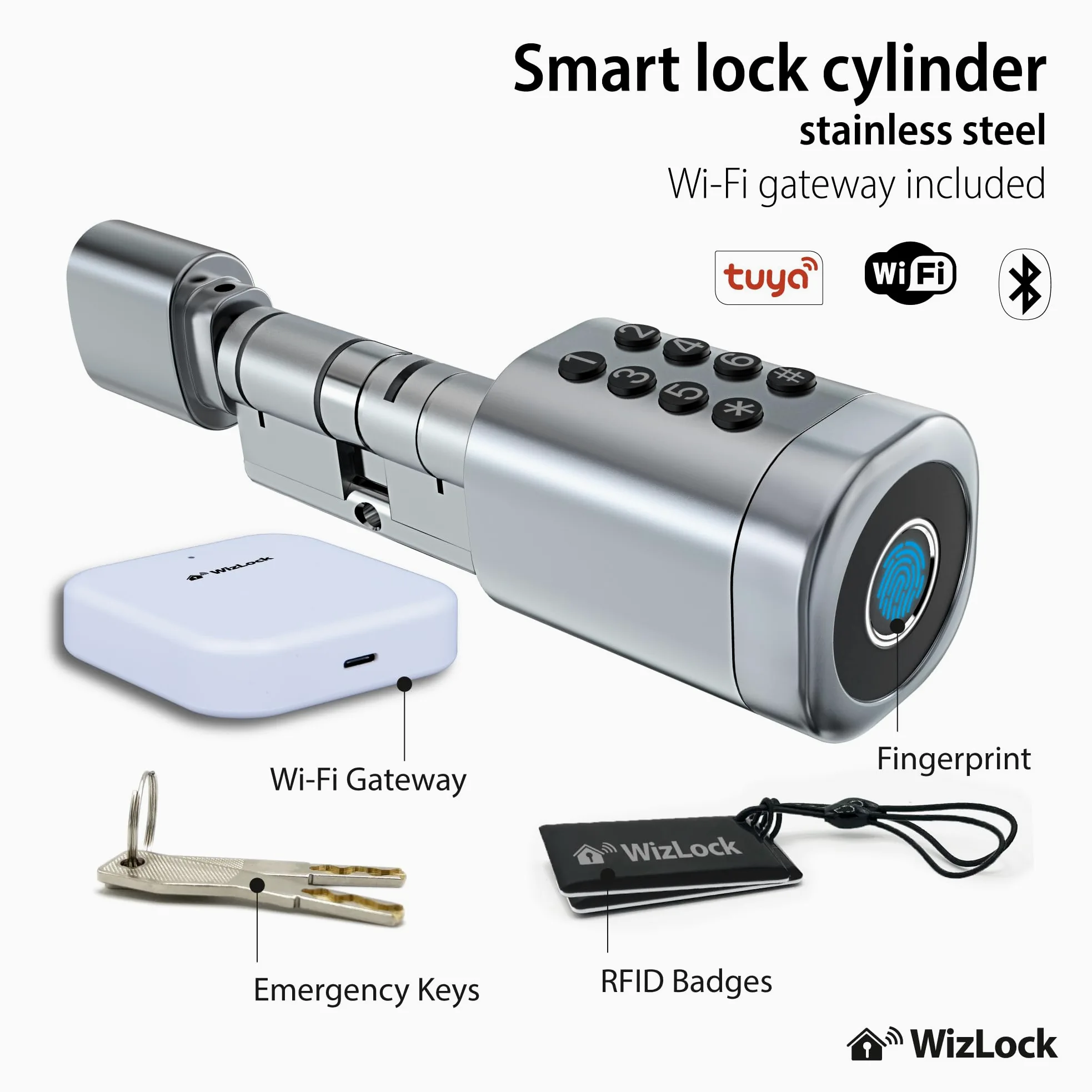 Cilindro cerradura smart Bluetooth Tuya – Aleación aluminio plata efecto inox – Internet mediante pasarela Bluetooth/Wi-Fi incluida – Acceso: Código, Tarjeta (4), Huella, App, Llave (2) – IP55
