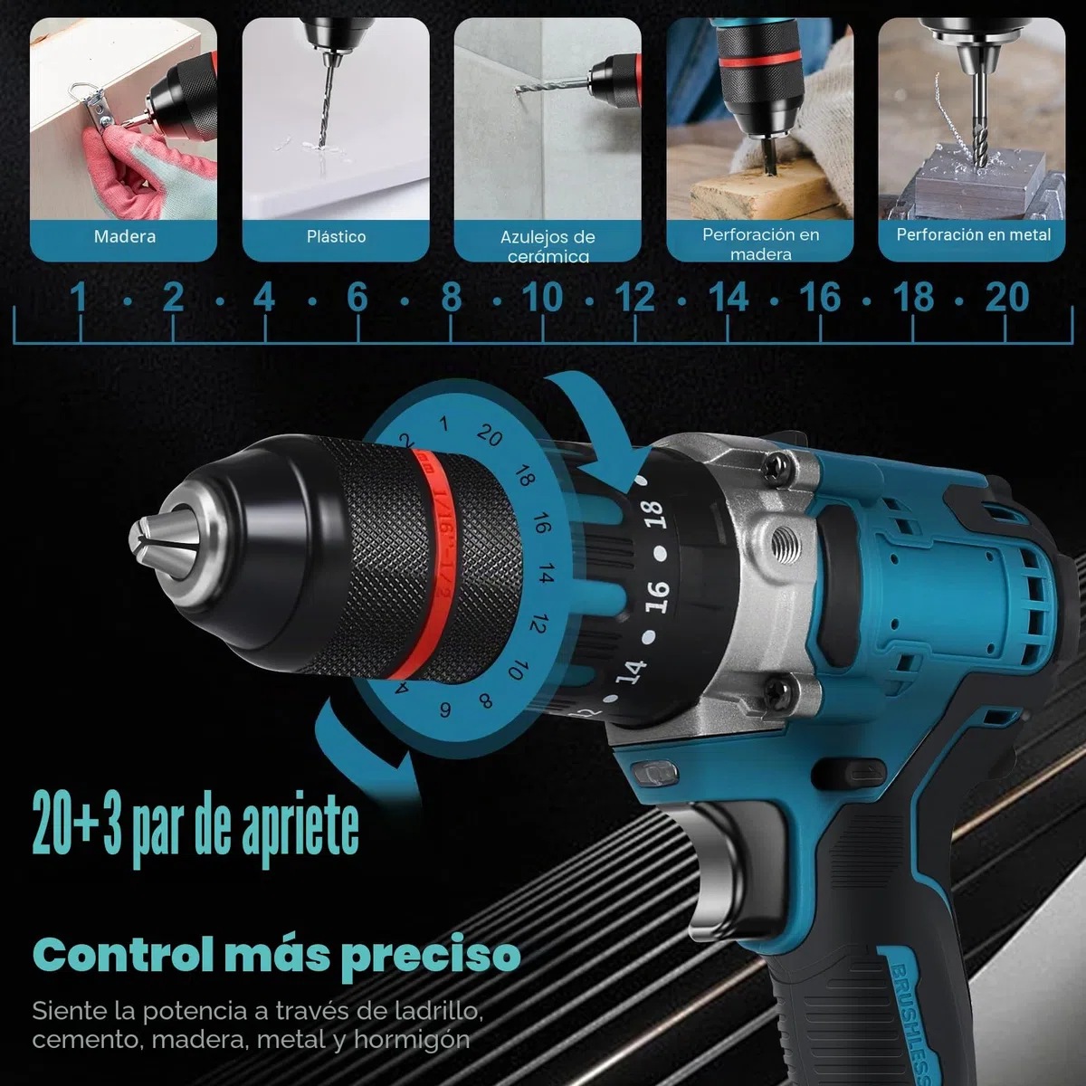 Taladro inalámbrico Compatible con Makita 18 V batería (sin batería), taladro de impacto sin escobillas 1350 RPM, 20+3, 120 N.m, 13 mm, destornillador