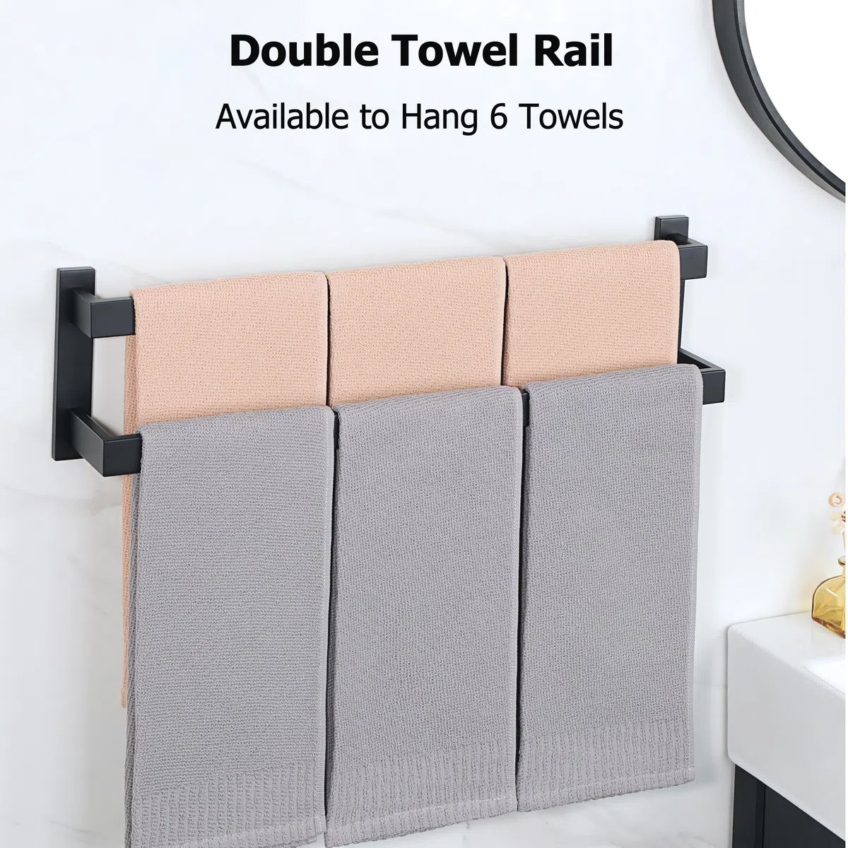 SAYAYO Toalleros de Baño Toallero Negro Doble Barra de Toalla Pared Accesorios Baño Negro Acero Inoxidable Colgador Trapos Cocina para Baño y Cocina 58CM, EGOY002-B
