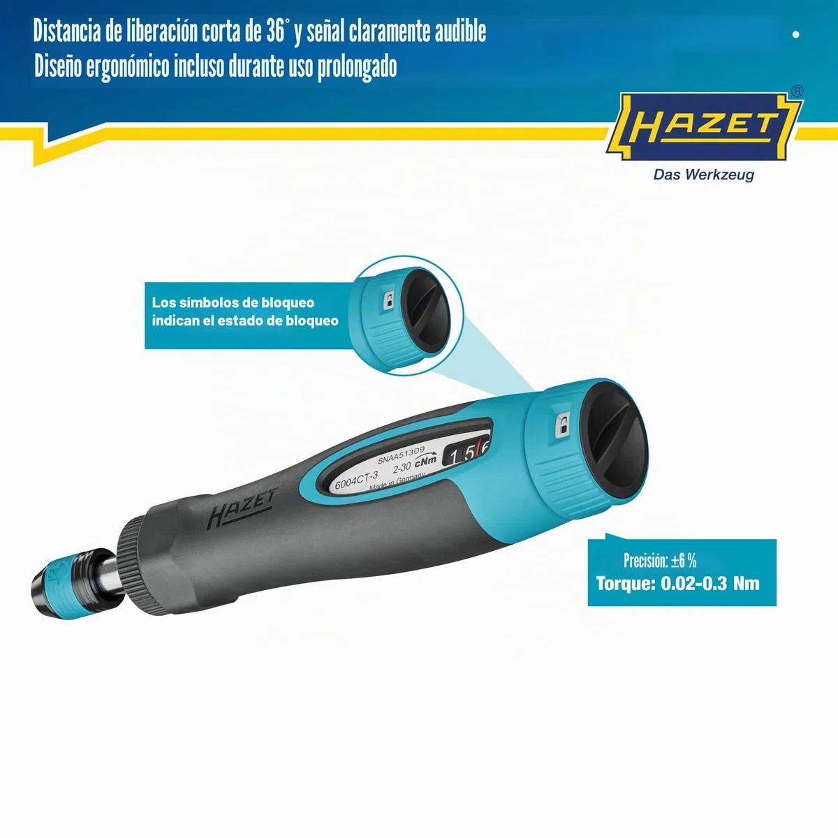 Hazet Destornillador dinamométrico 6004CT-3, 1/4" con mango estándar, 0,02-0,3 Nm, 6% de precisión, 196 mm de longitud, conmutable derecha/izquierda, mecanismo de rueda libre