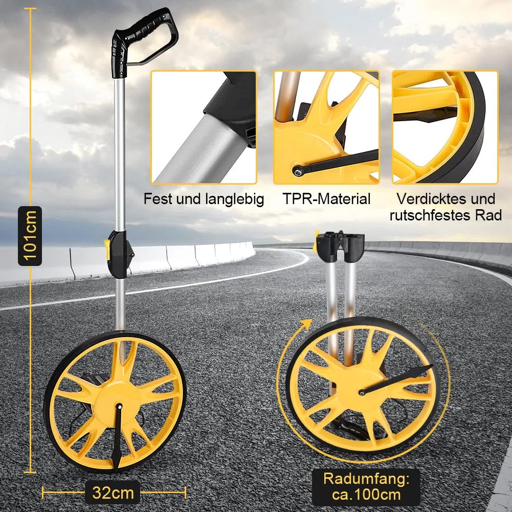 Rueda de Medición de Distancia con Mango Plegable, hasta 9999,9 m, Diámetro 32 cm, con Bolsa de Transporte, para Agrimensor