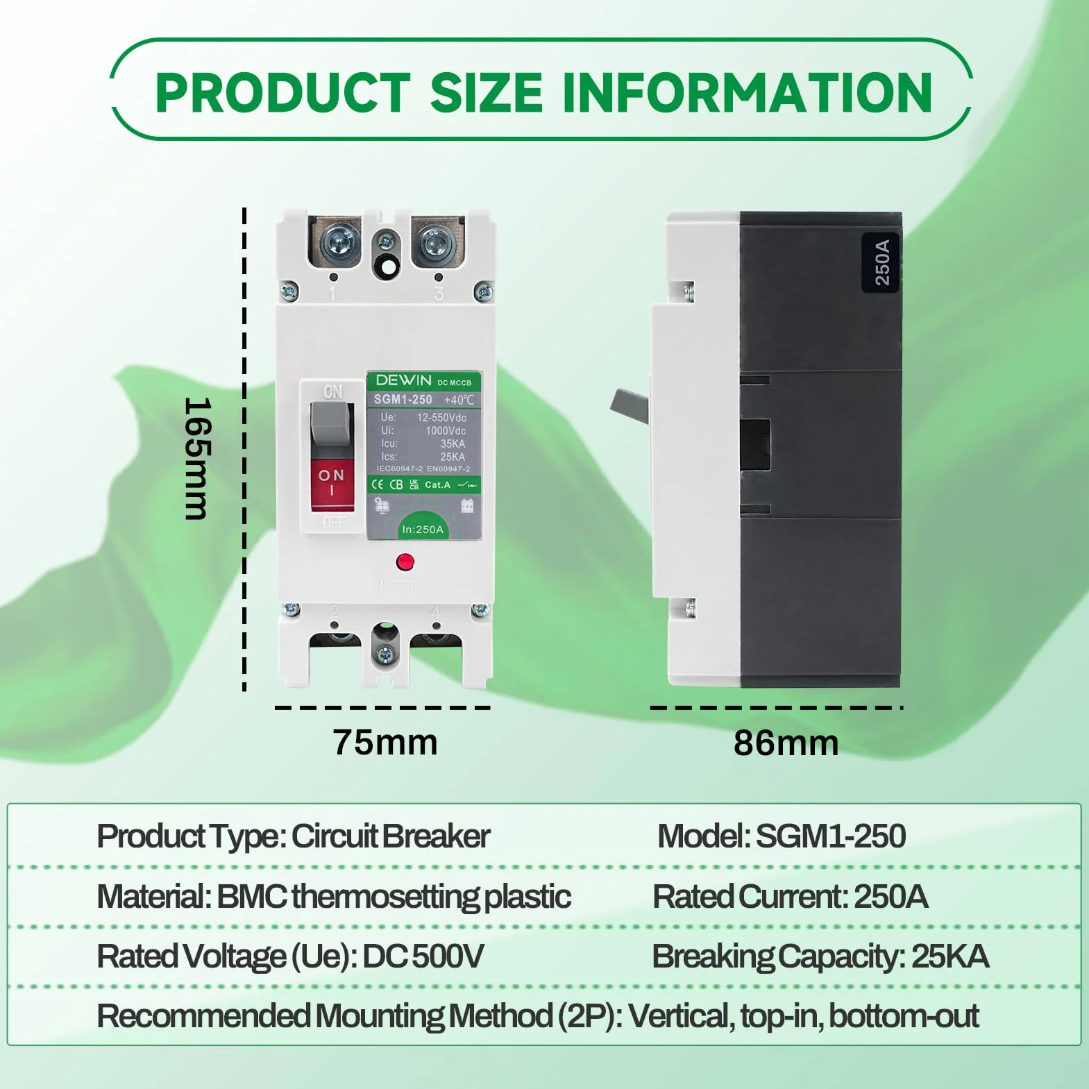 DEWIN Disyuntor de CC de 250 A, MCCB Disyuntor de Batería Solar, Interruptor Principal de Batería Solar 2P DC 500 V Interruptor de Desconexión de Batería para sistemas de líneas eléctricas de CC