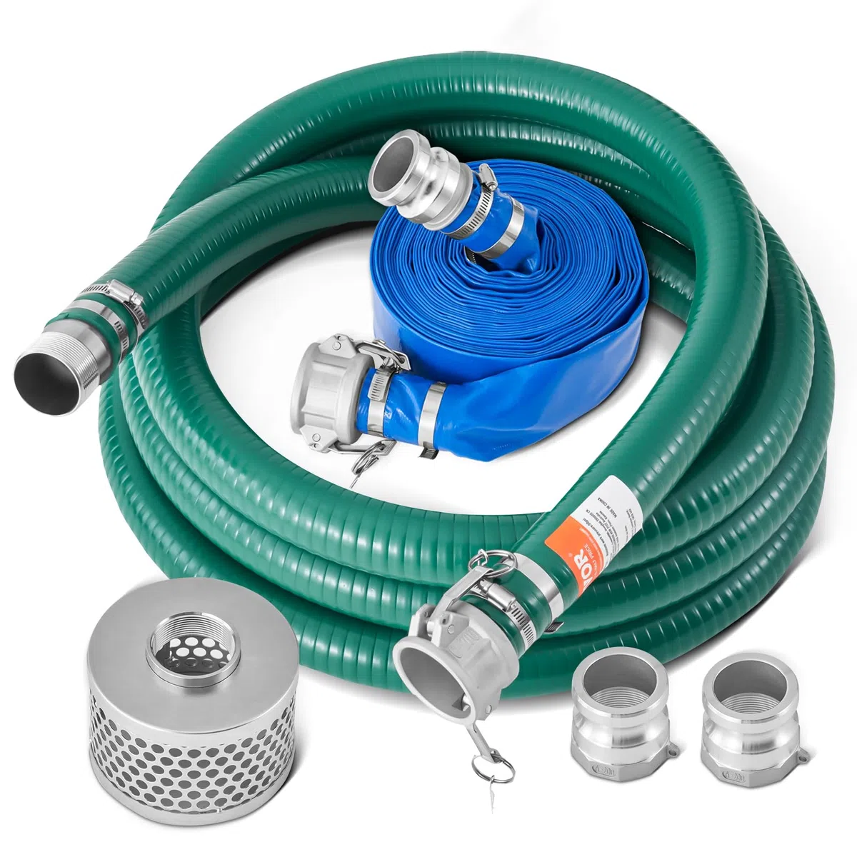 VEVOR Kit de Manguera de Succión para Bomba con Manguera de Retrolavado Azul de 50,8mmx19,81m, Manguera de Succión Verde de 6,1 m y Filtro de Orificio Redondo de Acero, Levas, Abrazaderas, Adaptador