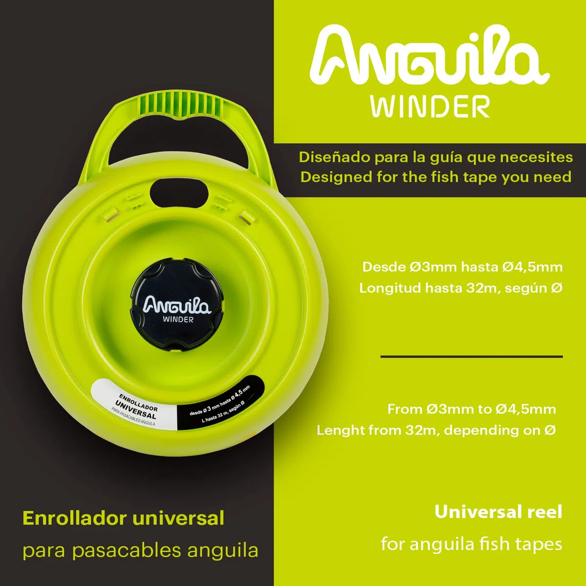 Anguila Max | Winder | Enrollador Universal | Color Negro | Diámetro desde 3 hasta 4,5mm | Hasta 32 metros