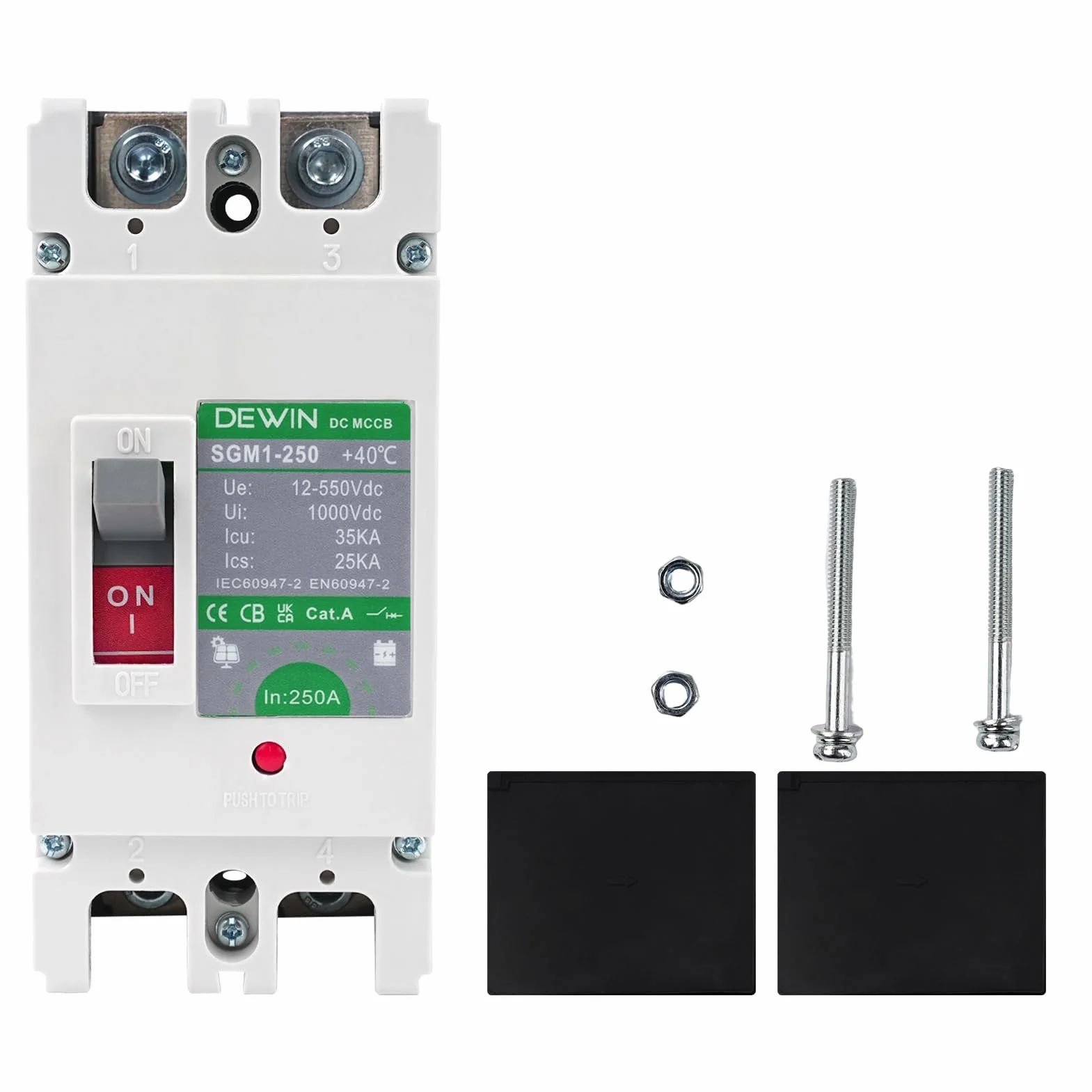 DEWIN Disyuntor de CC de 250 A, MCCB Disyuntor de Batería Solar, Interruptor Principal de Batería Solar 2P DC 500 V Interruptor de Desconexión de Batería para sistemas de líneas eléctricas de CC