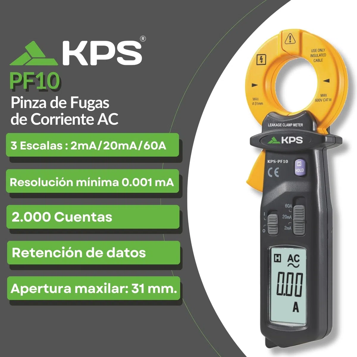 KPS-PF10 Pinza de fugas de corriente CA 60A 2000 cuentas CAT III
