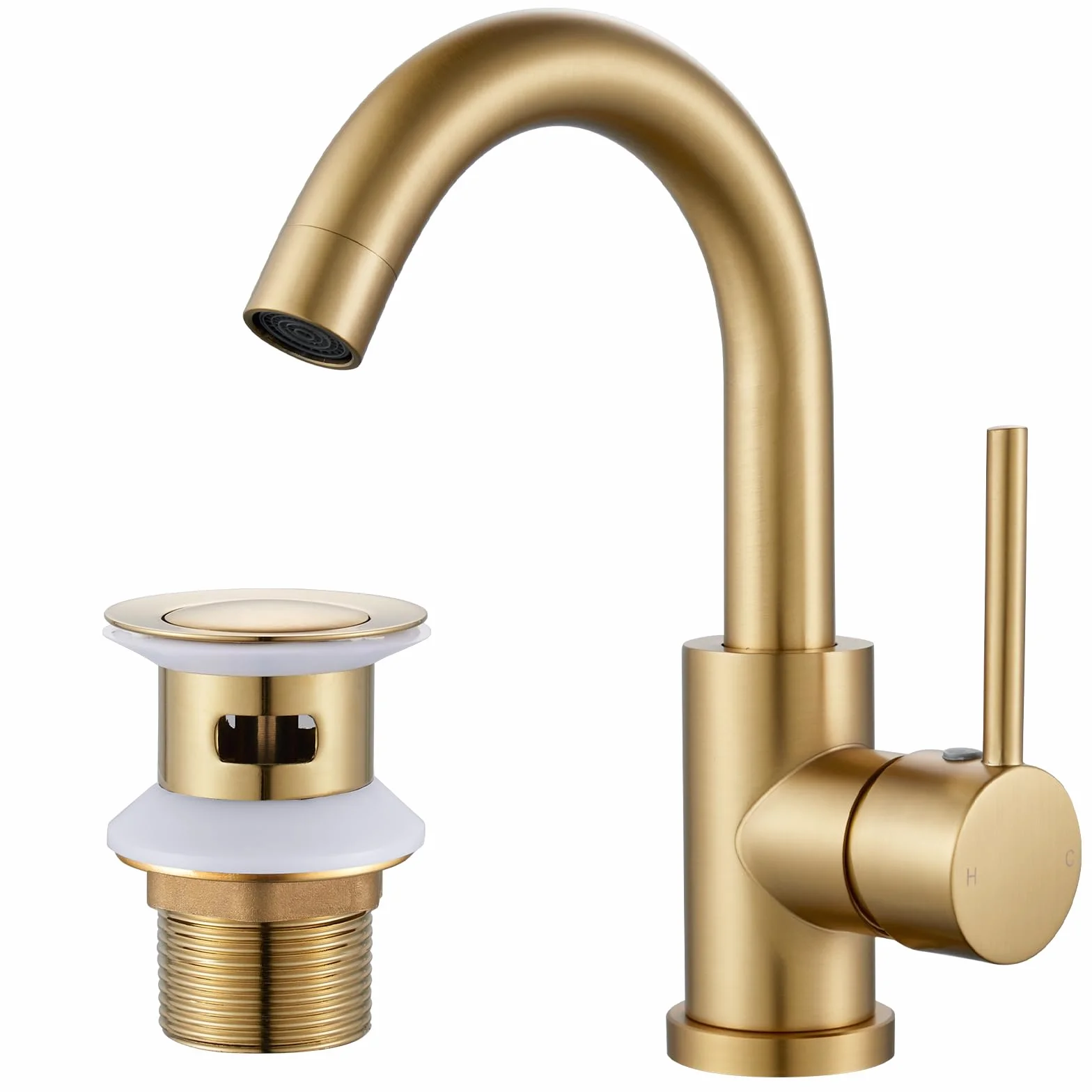 Grifo mezclador de lavabo dorado con desagüe emergente, giratorio de 360°, acero inoxidable, accesorios estándar G1/2 del Reino Unido, control de agua fría y caliente, color dorado