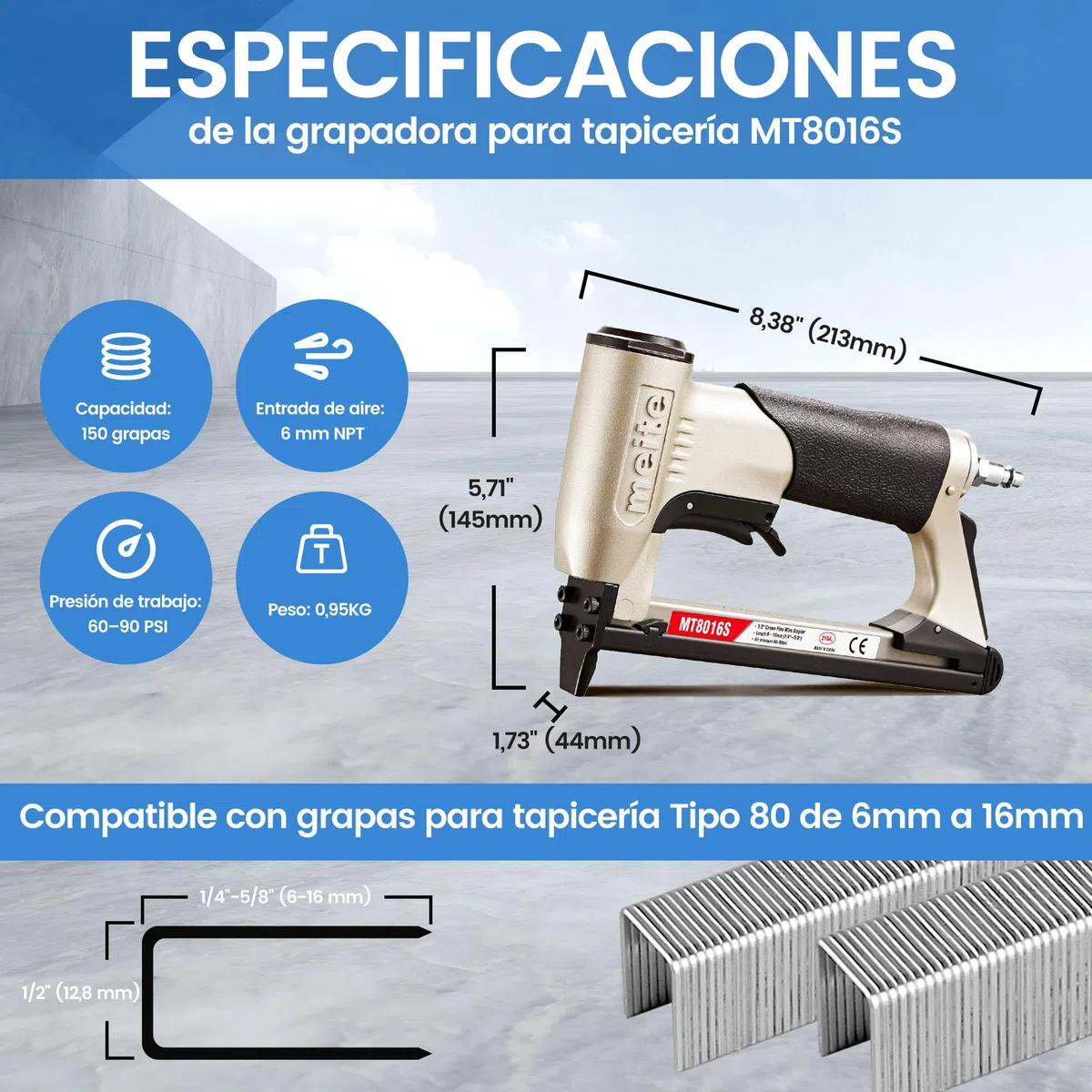 meite Grapadora neumática para tapicería MT8016S con gatillo de seguridad, para grapas calibre 21 de corona de 12 mm, ideal para carpintería, bricolaje y uso profesional, Grapadoras y clavadoras